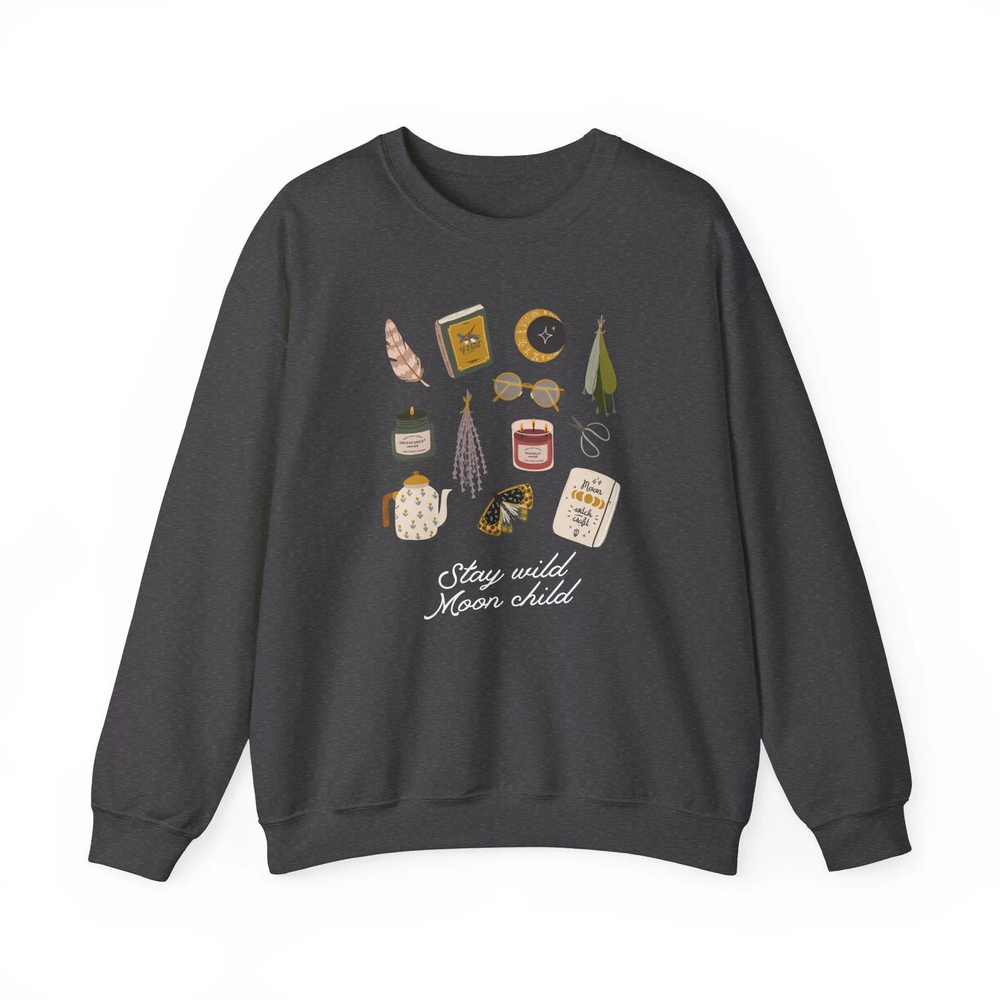 Dark heather color 'Stay Wild Moon Child' Botanical Witch SWEATSHIRT from Blue Water Songs