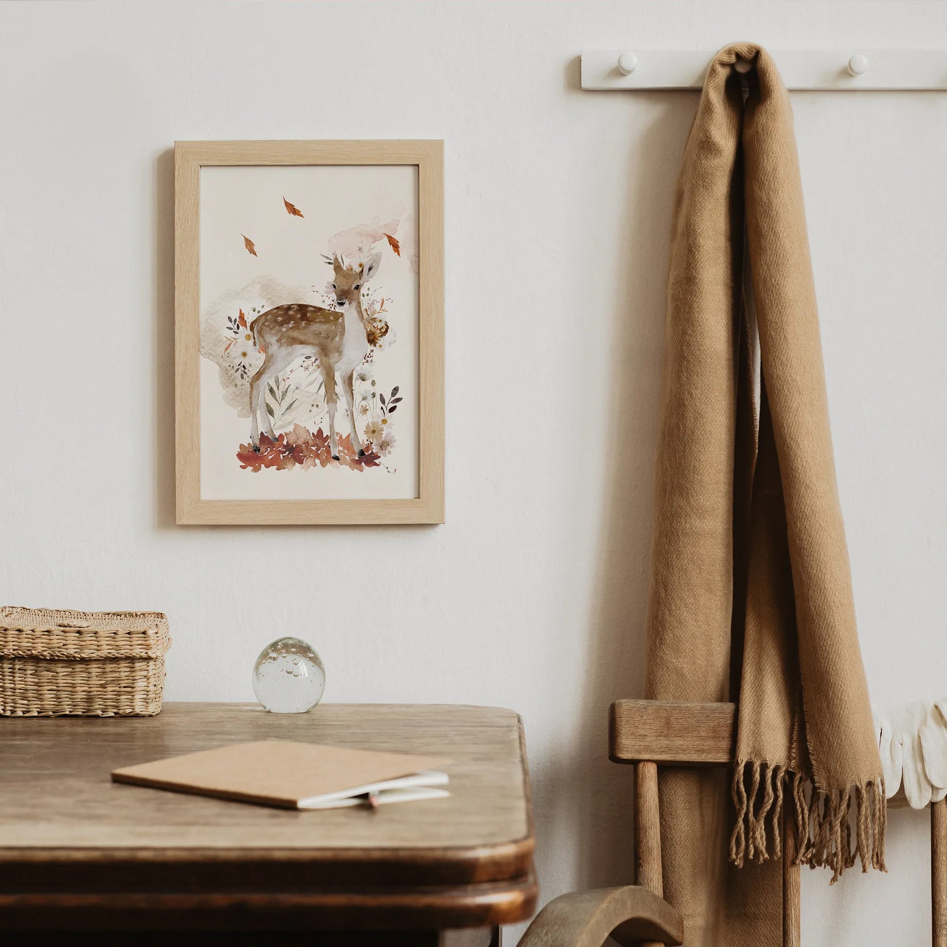 beige tone living room with Deer Autumn Art Print – Fall Wall Art