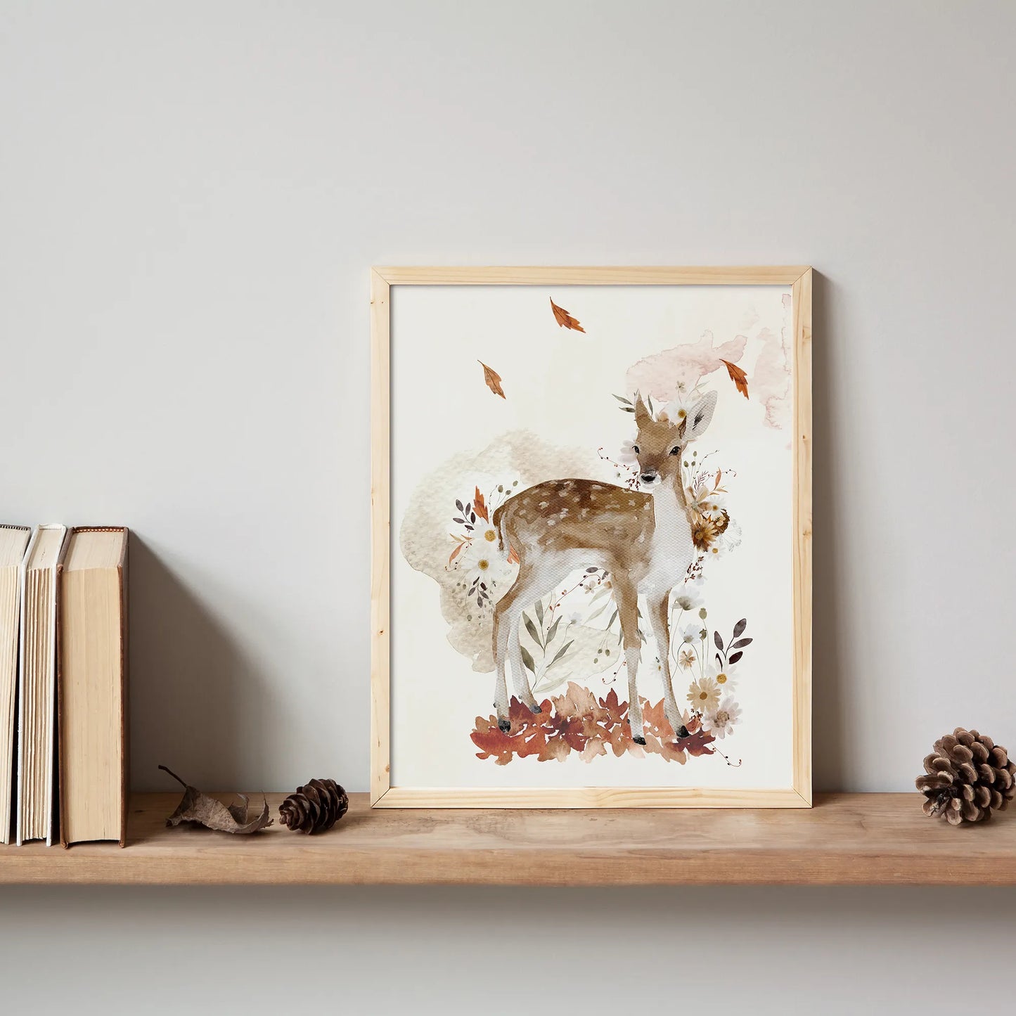 bookshelf decorated with Deer Autumn Art Print from Blue Water Songs