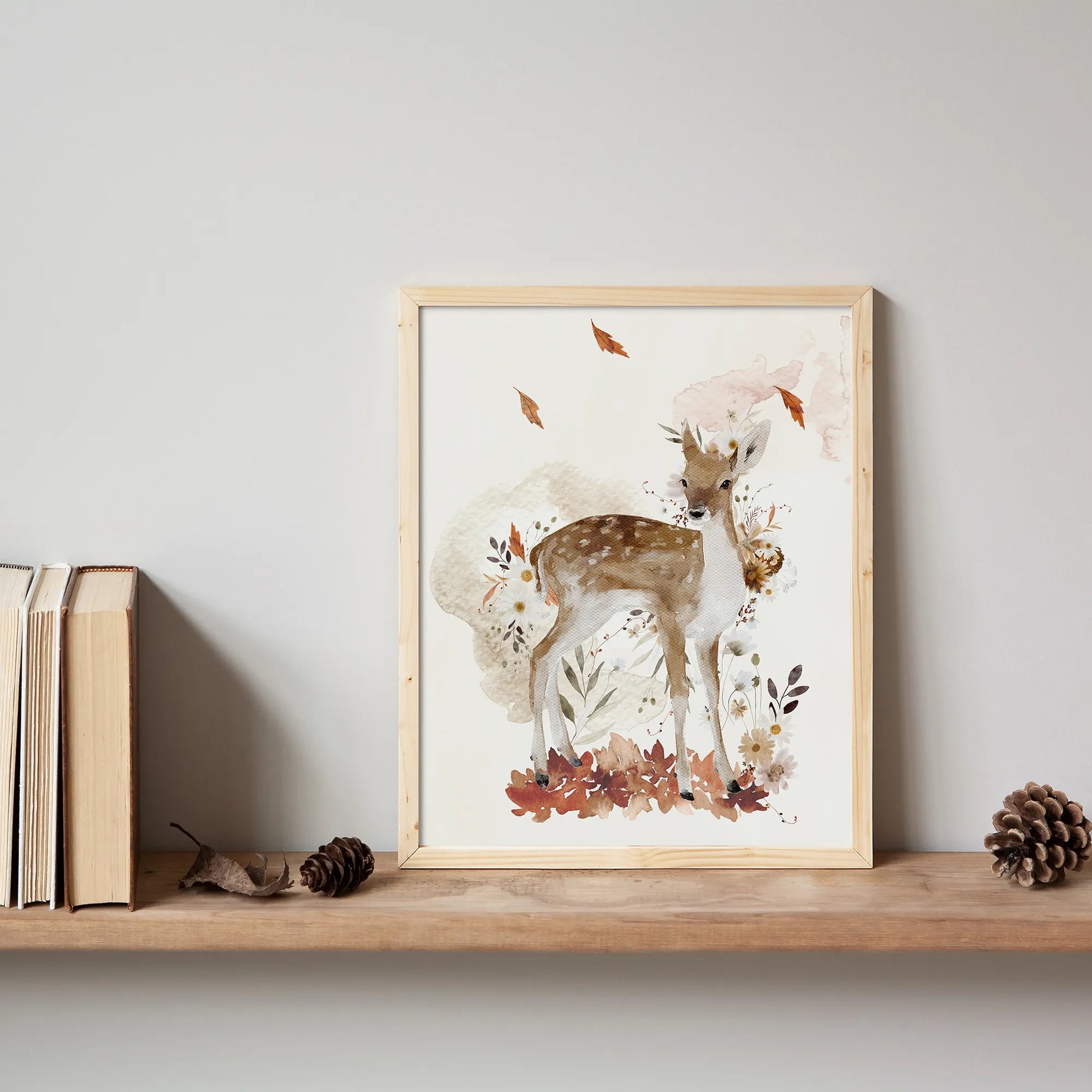 bookshelf decorated with Deer Autumn Art Print from Blue Water Songs