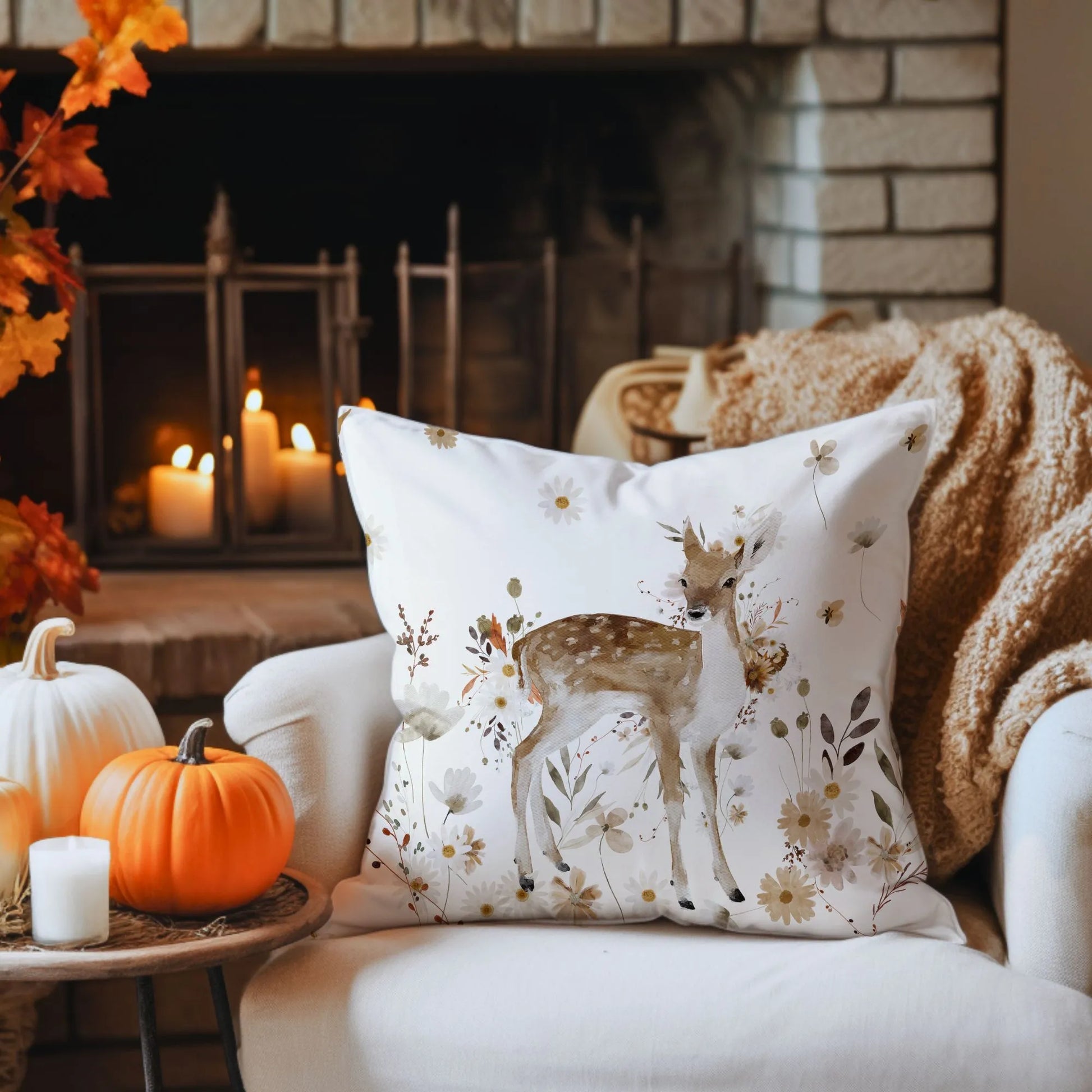 autumn decoration with pumpkins and Bambi deer pillow from Blue Water Songs 