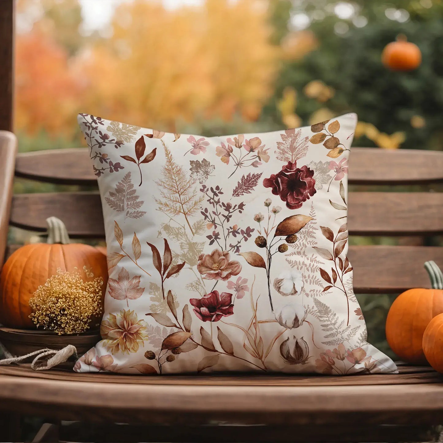 Wildflowers Fall Pillow Cover featuring delicate florals and warm autumn colors on a rustic bench with pumpkins.
