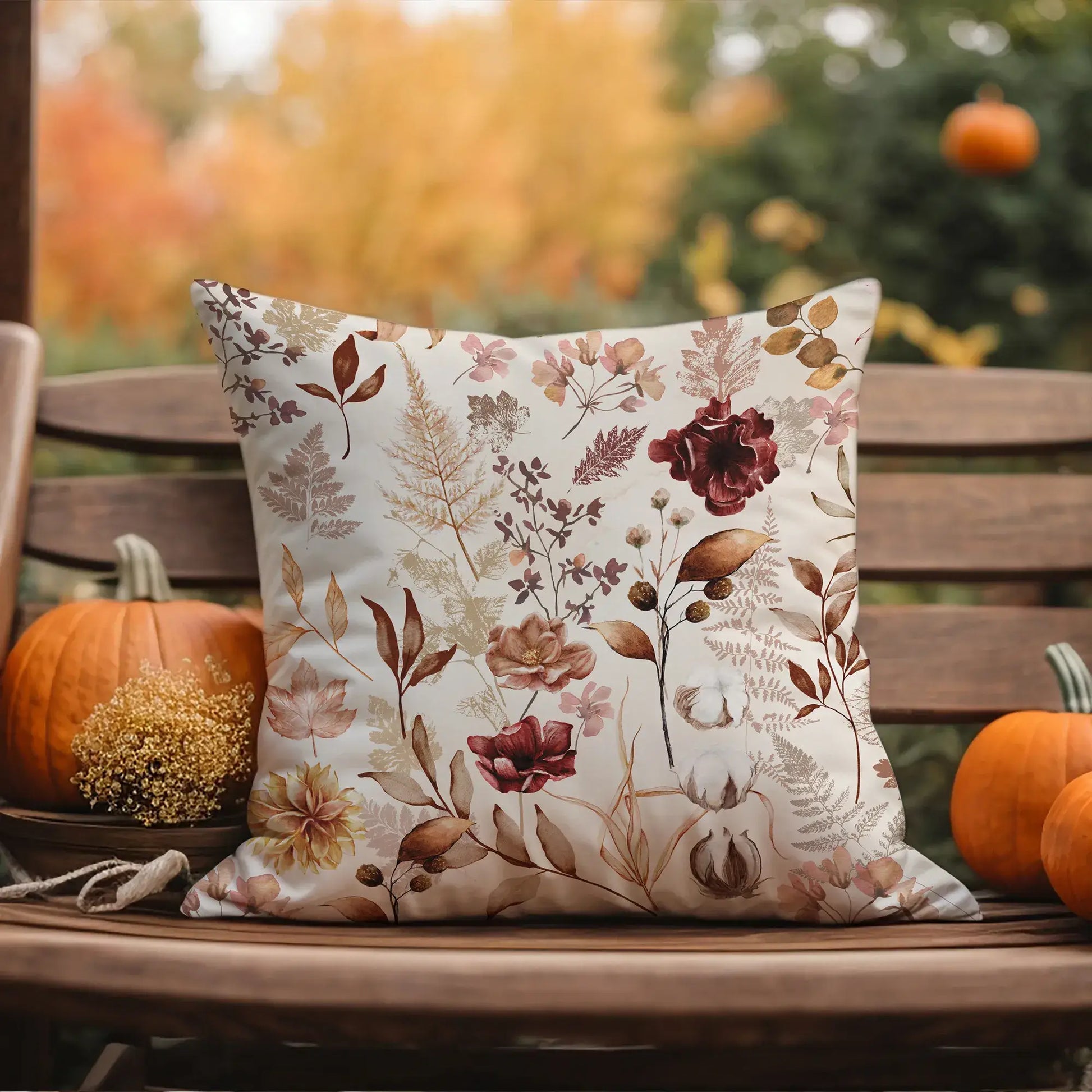 Wildflowers Fall Pillow Cover featuring delicate florals and warm autumn colors on a rustic bench with pumpkins.