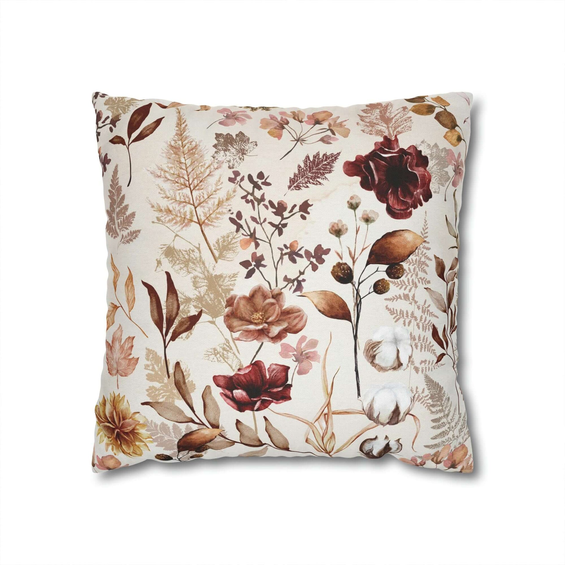 Wildflowers fall pillow cover featuring delicate dried florals in warm shades of rust, blush, and golden brown.