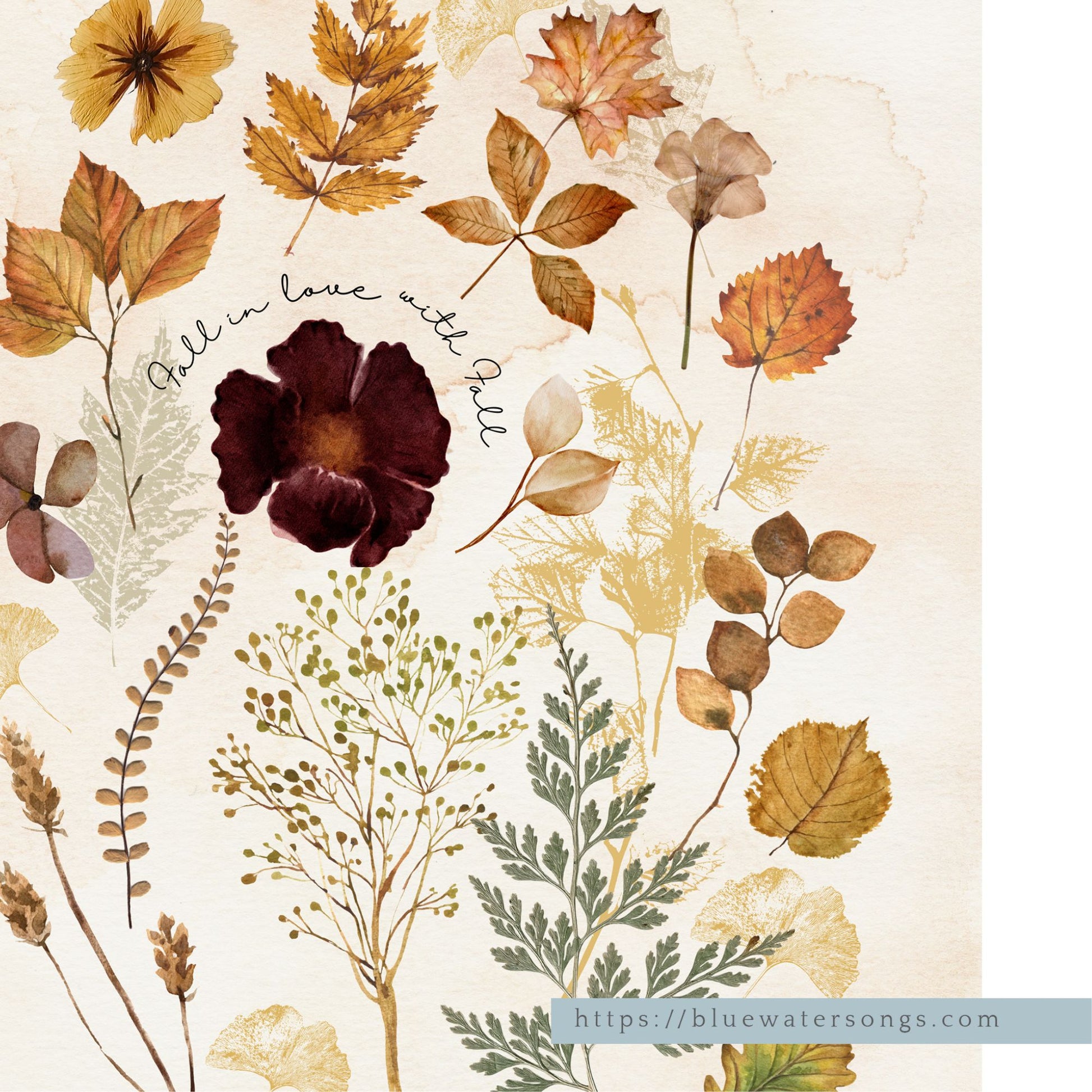 closer l Botanical Fall leaves painting from Blue Water Songs - Fall in love with Fall