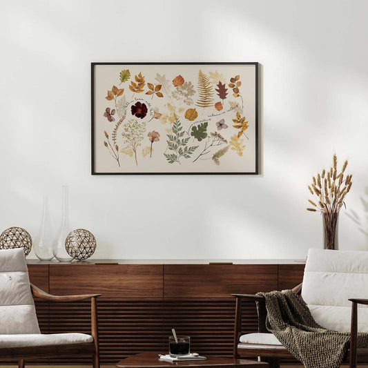 living room with autumn leaves painting on wall