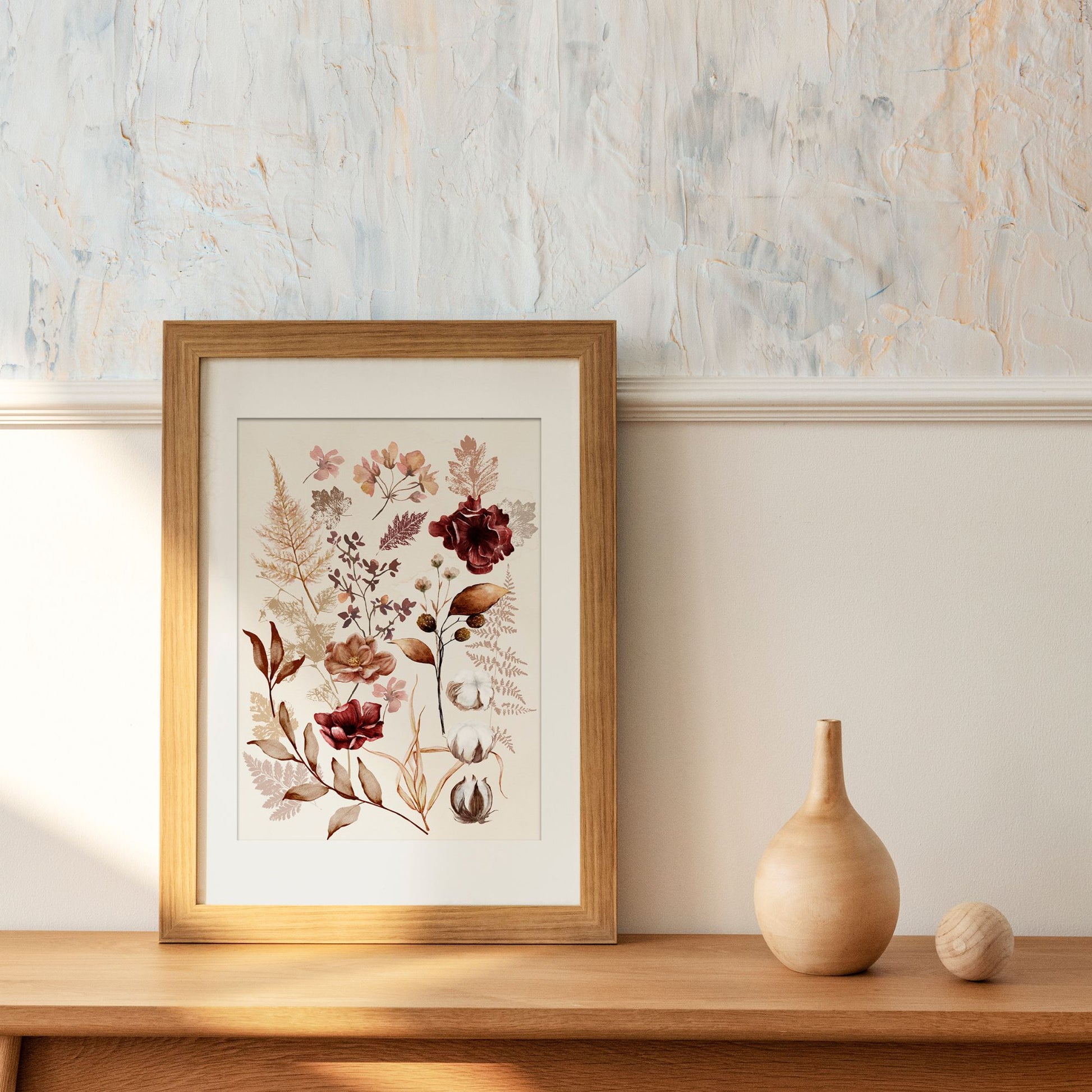 Fall wildflowers Art print from Blue Water Songs in wood frame placing on wood shelf