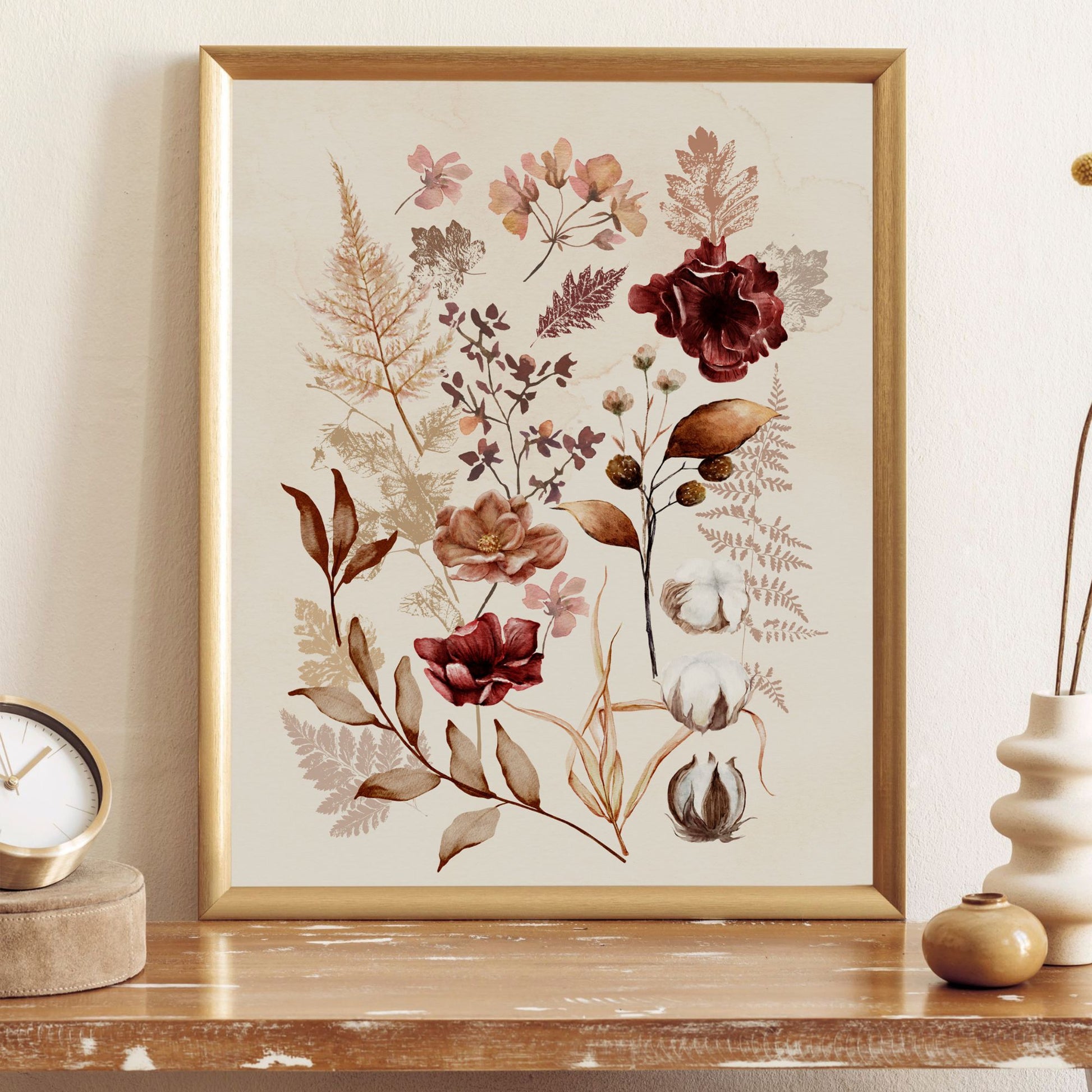 Fall wildflowers poster from Blue Water Songs next to table clock