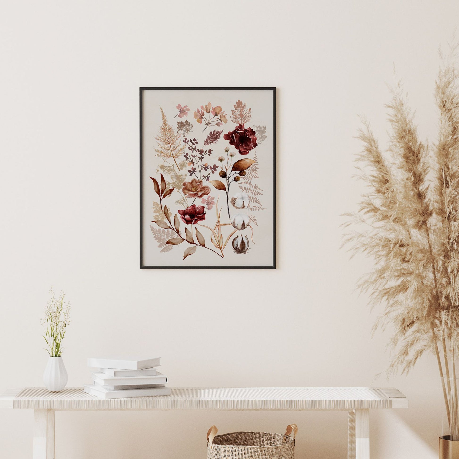 Fall decoration with Fall wildflowers Art print from Blue Water Songs hanging on white wall above white cabinet