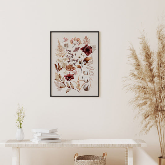 Fall decoration with Fall wildflowers Art print from Blue Water Songs hanging on white wall above white cabinet