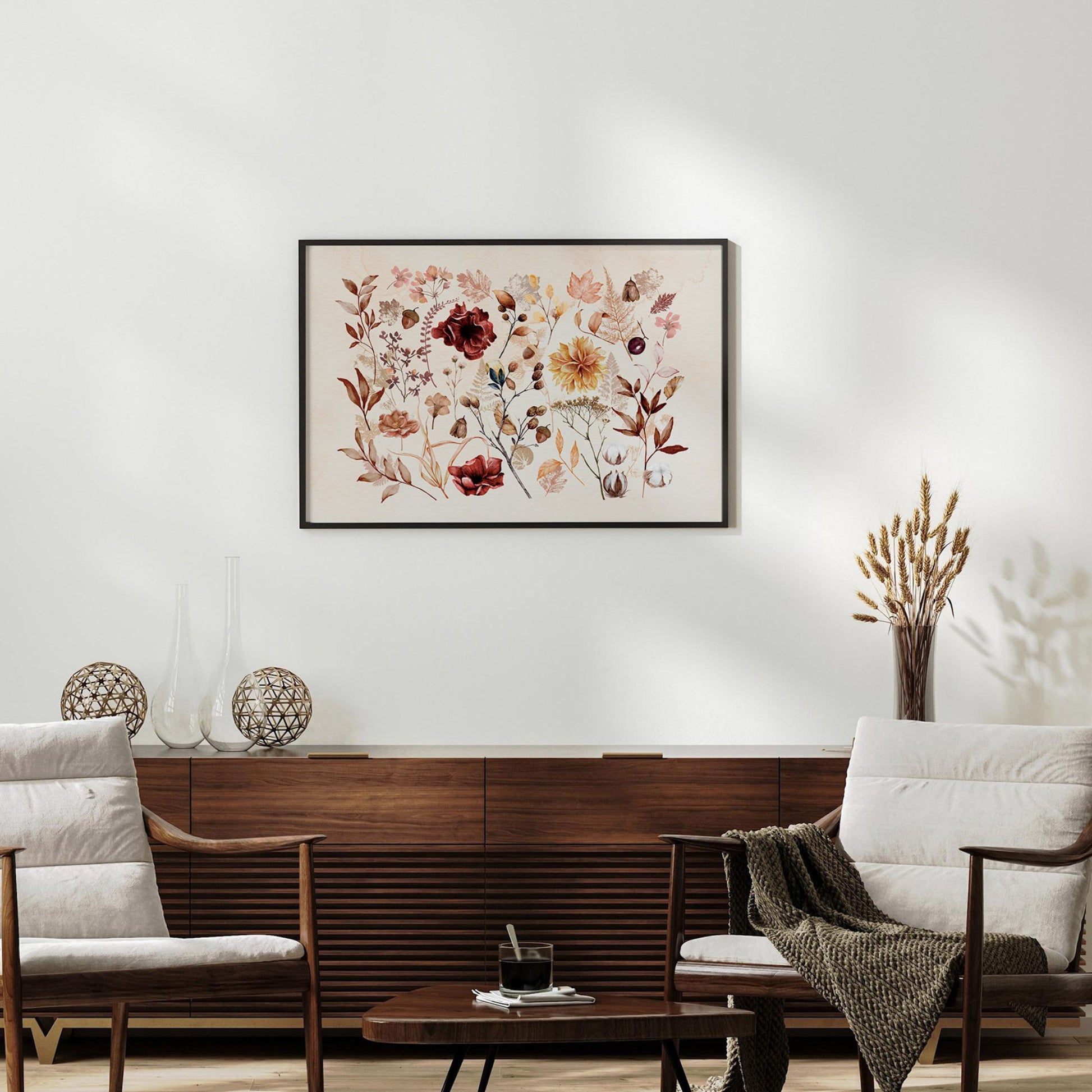 living room with Fall wildflowers poster from Blue Water Songs hanging on wall 