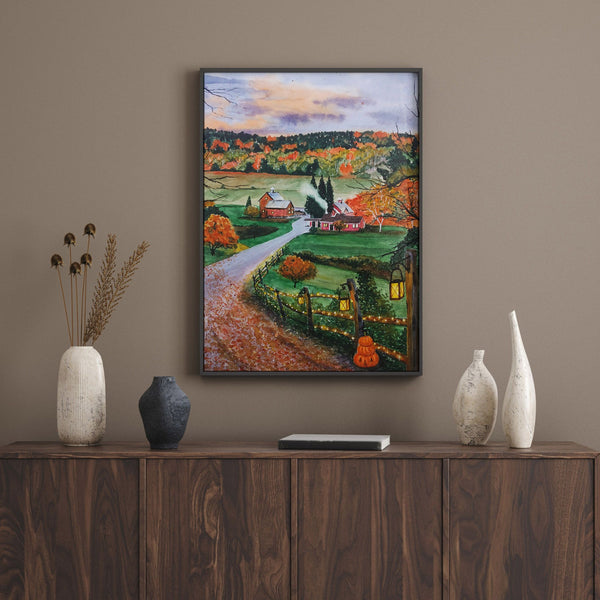 Autumn Painting hanging on wall above dark wood cabinet