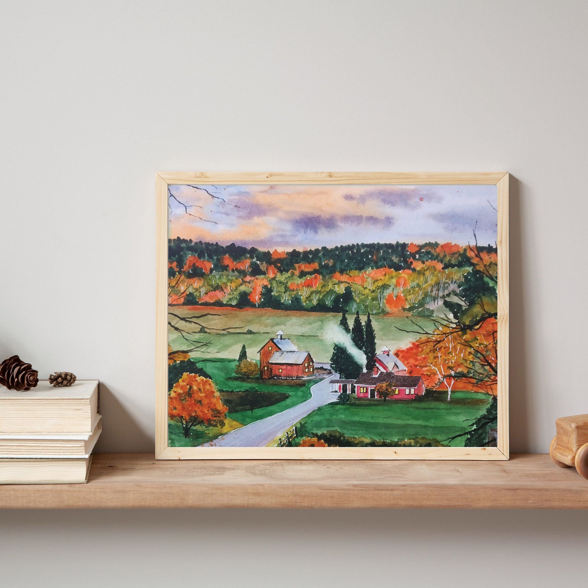 Autumn painting from Blue Water Songs in wood frame placing on bookshelf