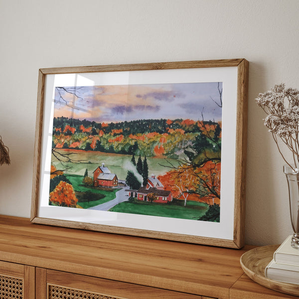 autumn countryside painting from Blue Water Songs in wooden frame placing on wood cabinet