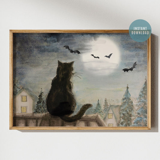 Black cat on roof top halloween Art Print from Blue Water Songs