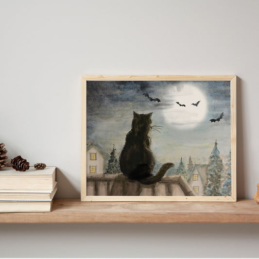 Black cat on roof top halloween Art Print from Blue Water Songs on wood shelf 