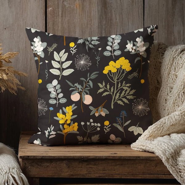 Autumn botanical PILLOW from Blue Water Songs on wood bench 