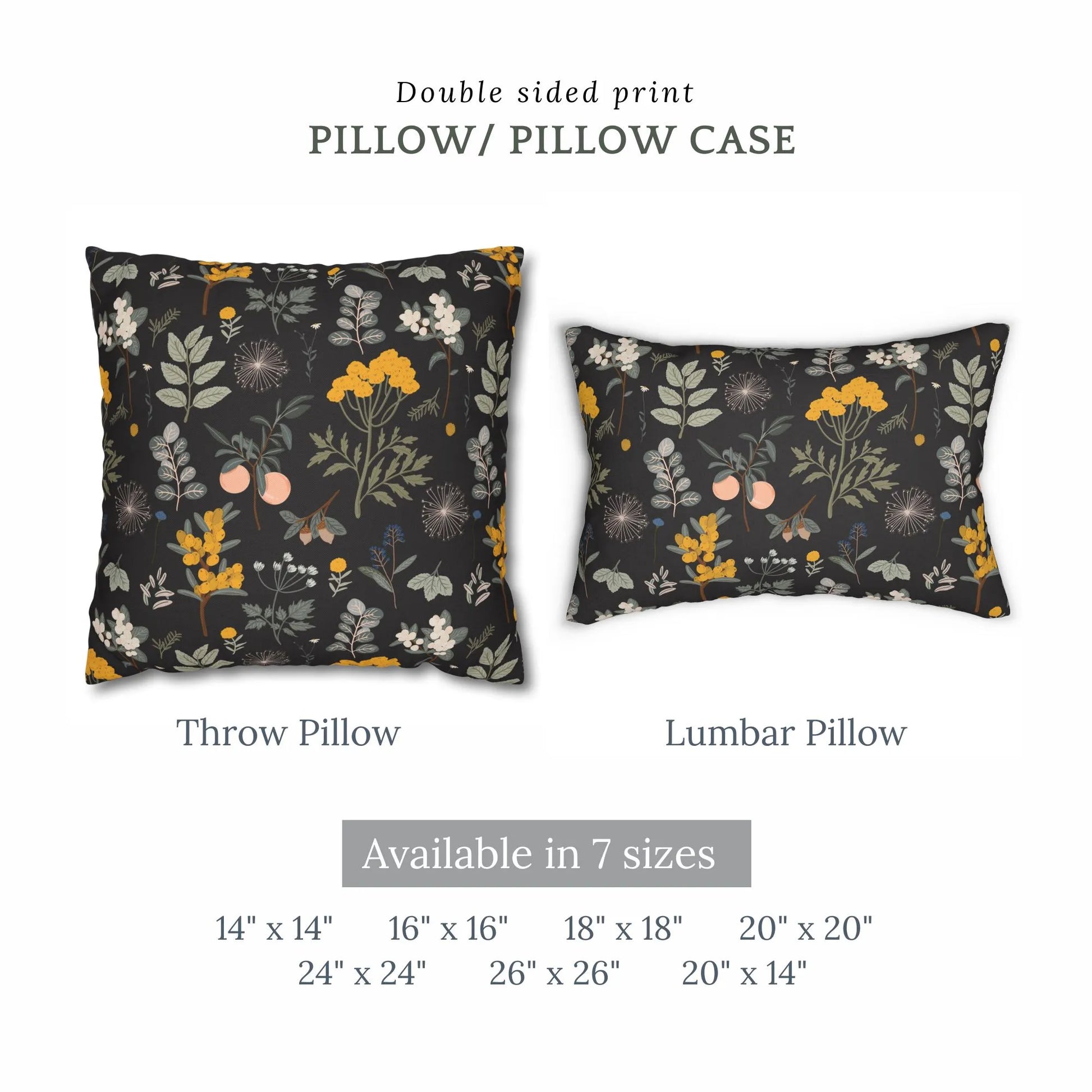 sizes description of Autumn botanical PILLOWS from Blue Water Songs 