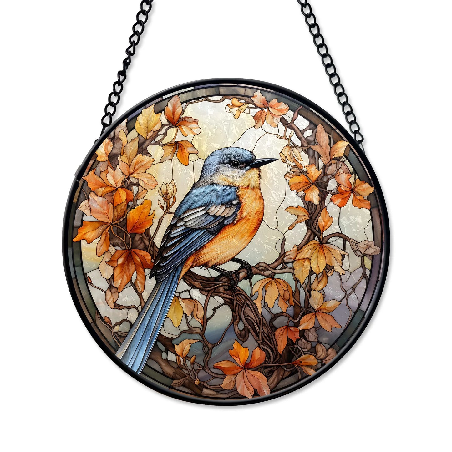 Autumn Bird and Leaves Round Stained Glass Ornament | FALL24RSG16