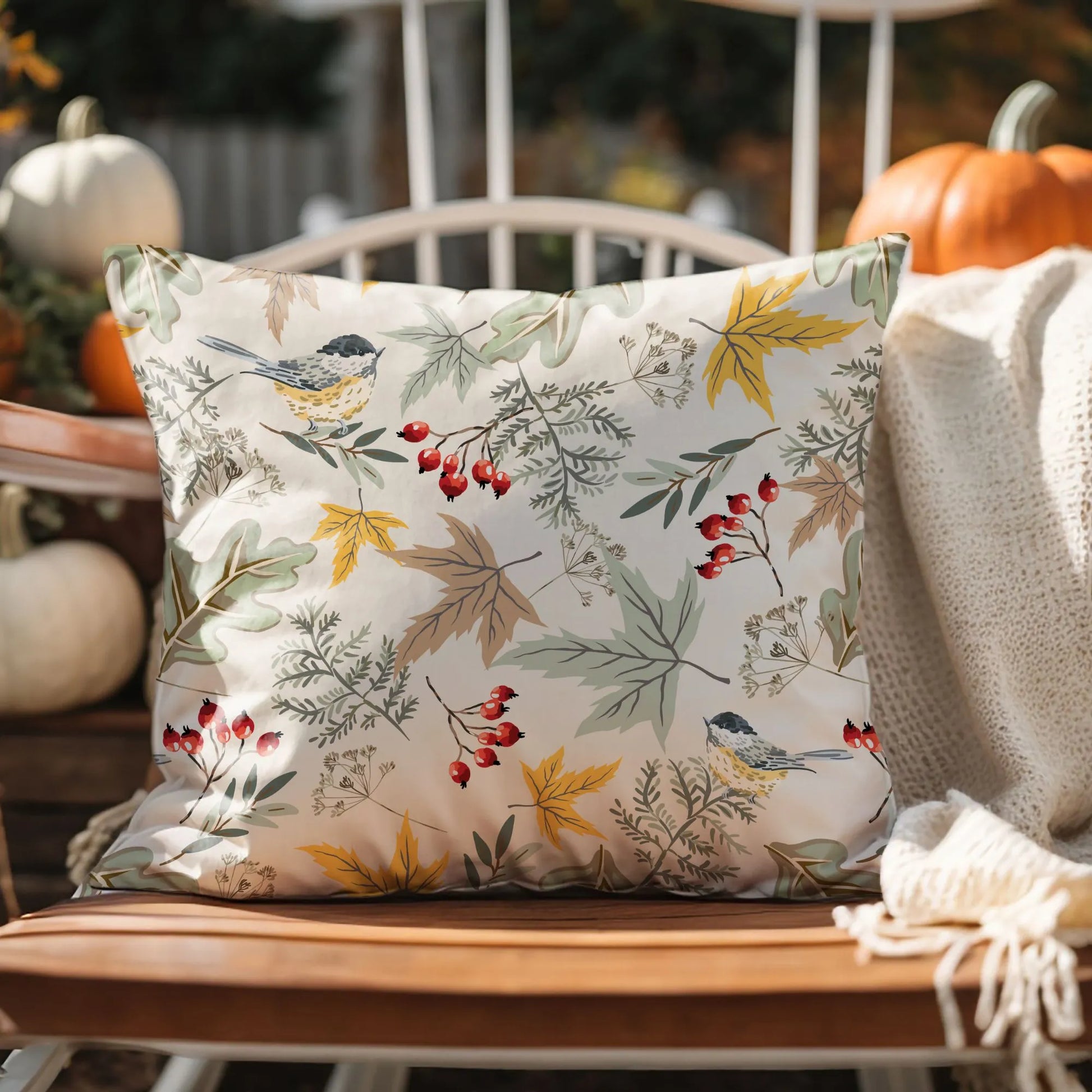 Birds and Autumn Botanical PILLOW from Blue Water Songs on wood chair 