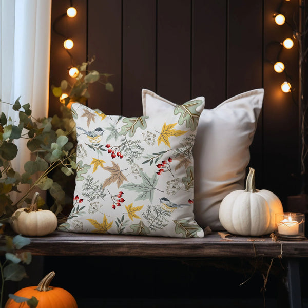 Birds and Autumn Botanical PILLOWs from Blue Water Songs placing on wood bench next to white pumpkins