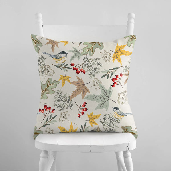 White chair with Birds and Autumn Botanical PILLOW from Blue Water Songs on it