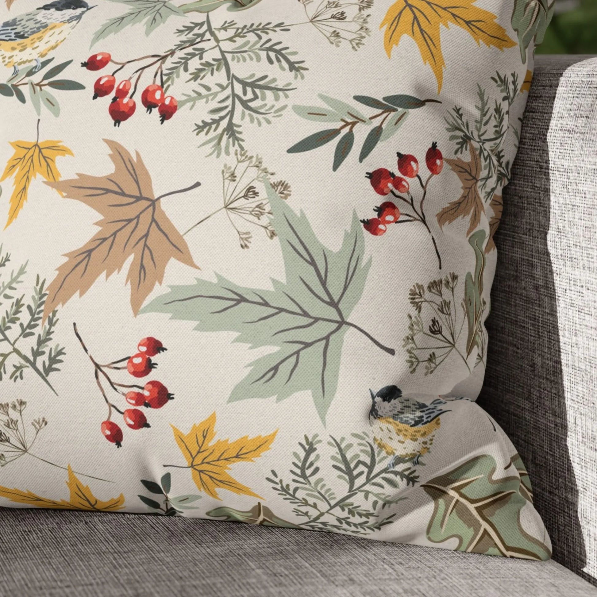 close up of Birds and Autumn Botanical PILLOW from Blue Water Songs