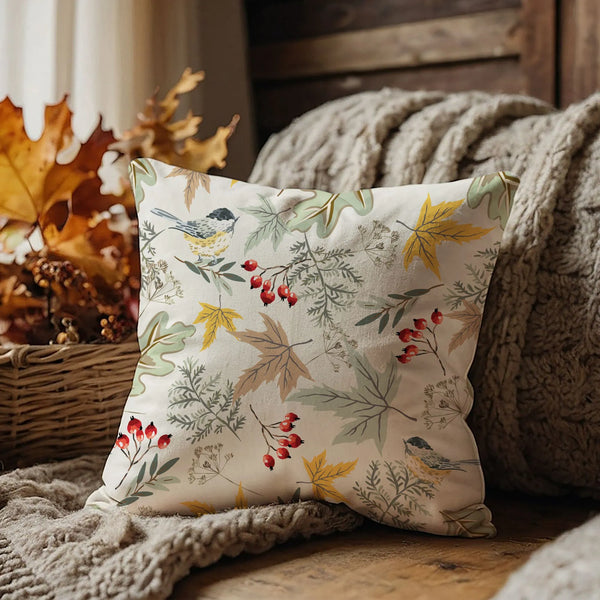 Birds and Autumn Botanical PILLOW from Blue Water Songs place next to cozy grey blanket