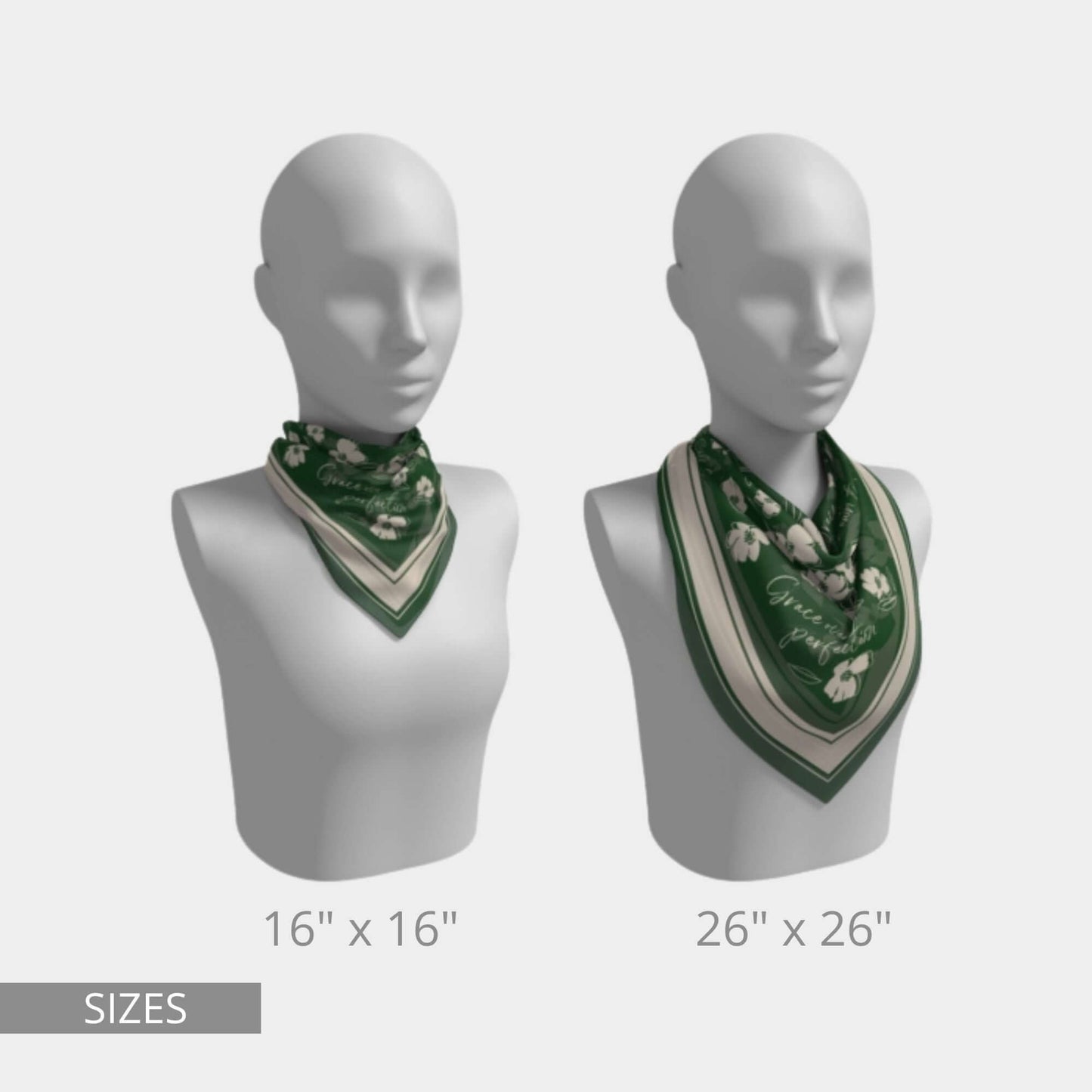 Emerald green silk wildflower scarf shown in 16"x16" and 26"x26" sizes, styled around the neck on mannequins.