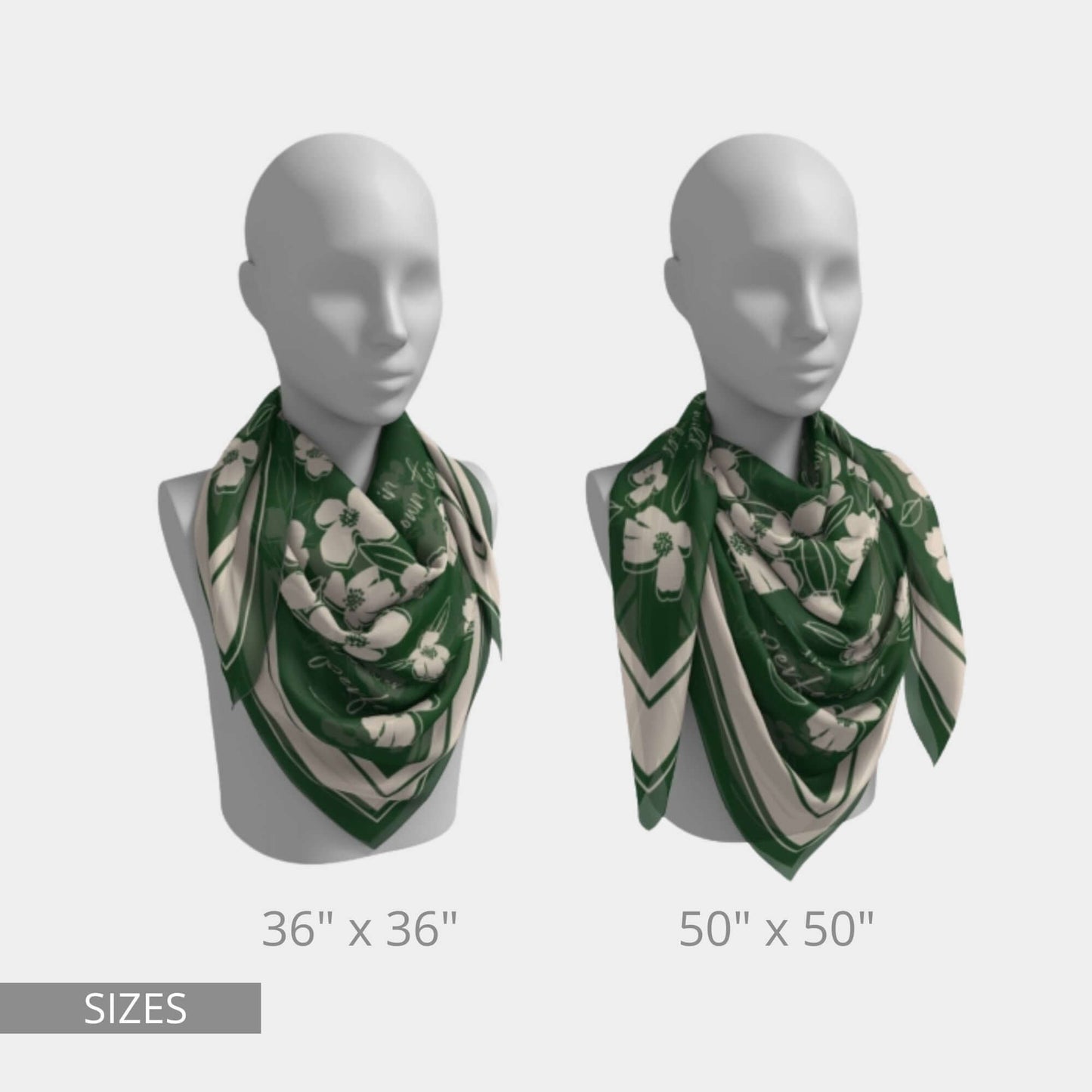Emerald green silk wildflower scarf shown in 36"x36" and 50"x50" sizes, elegantly draped on mannequins.