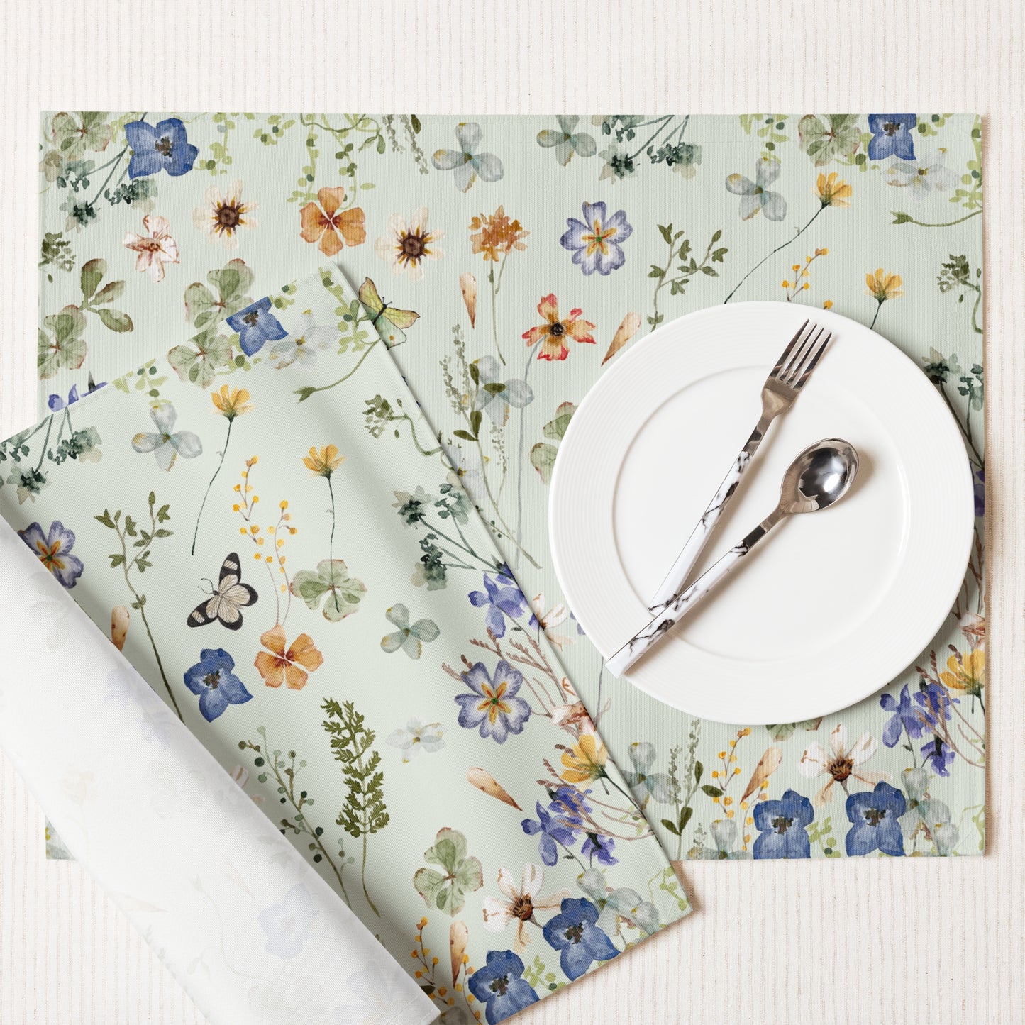 Wildflowers Floral PLACEMAT - White Tone from BLUE WATER SONGS with plate on it