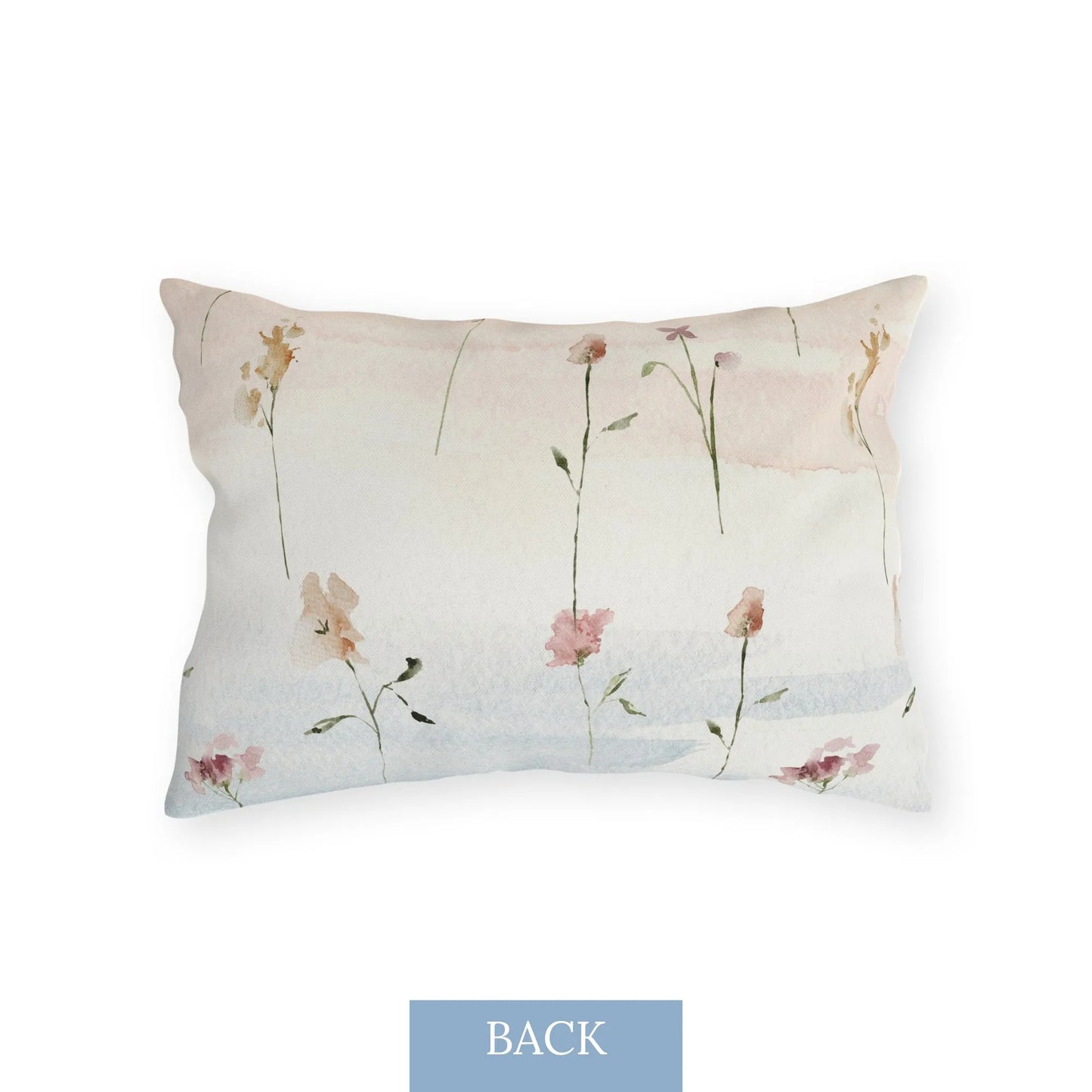 Back of lumbar outdoor pillow with tall blue flowers and soft painted butterflies