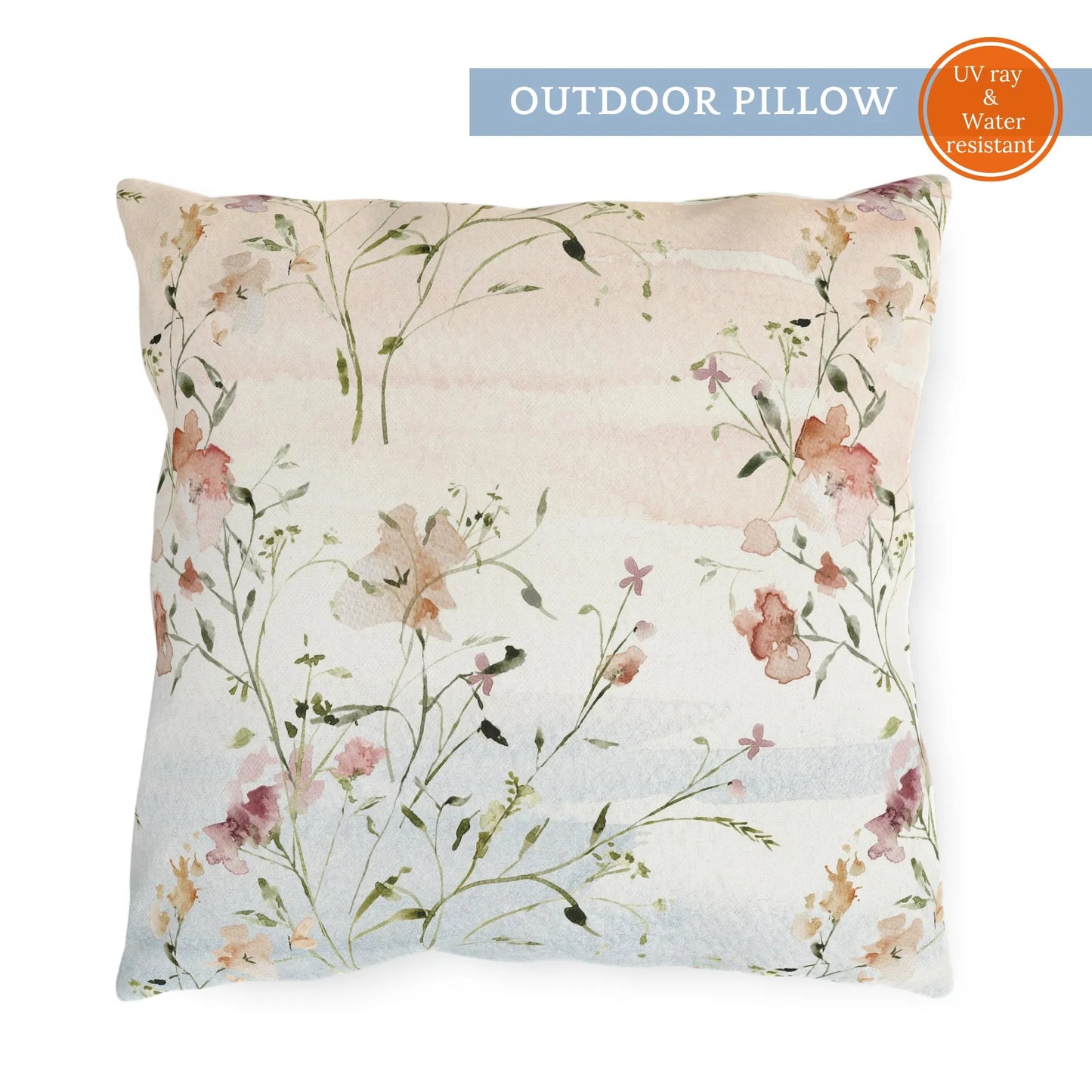 Watercolor wildflowers and butterflies outdoor pillow with soft pastel background, UV and water resistant