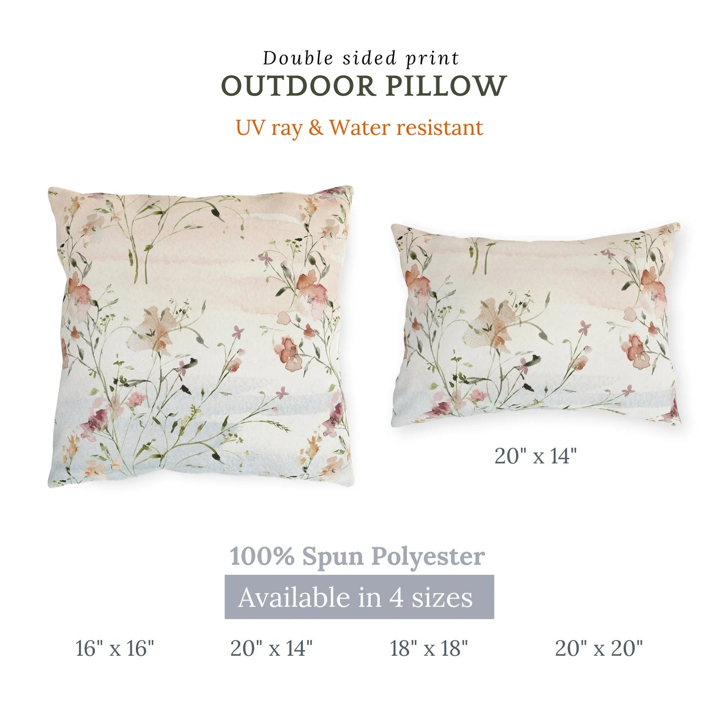 Double-sided outdoor pillow in 4 sizes with watercolor floral and butterfly design on soft neutral background