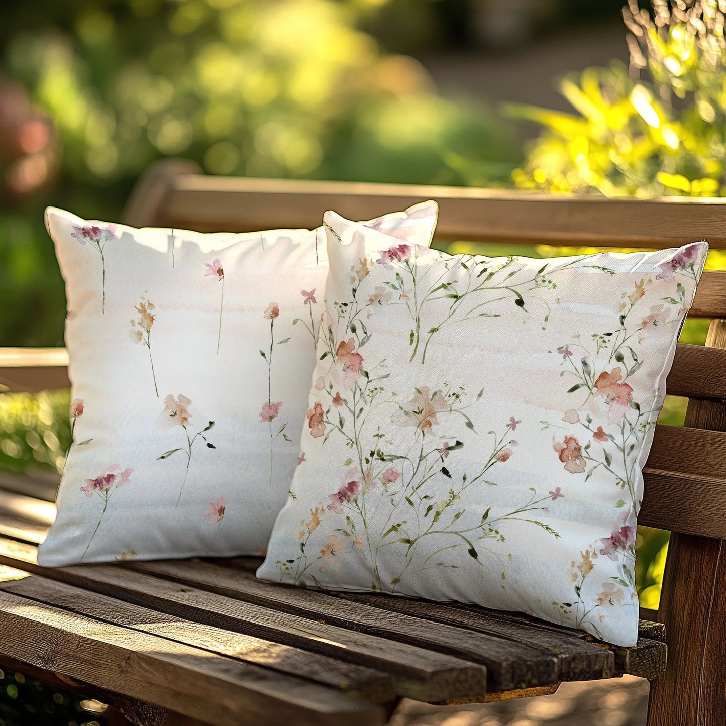 Outdoor pillow with wildflowers and butterflies styled on a garden bench with sunlight and shadows