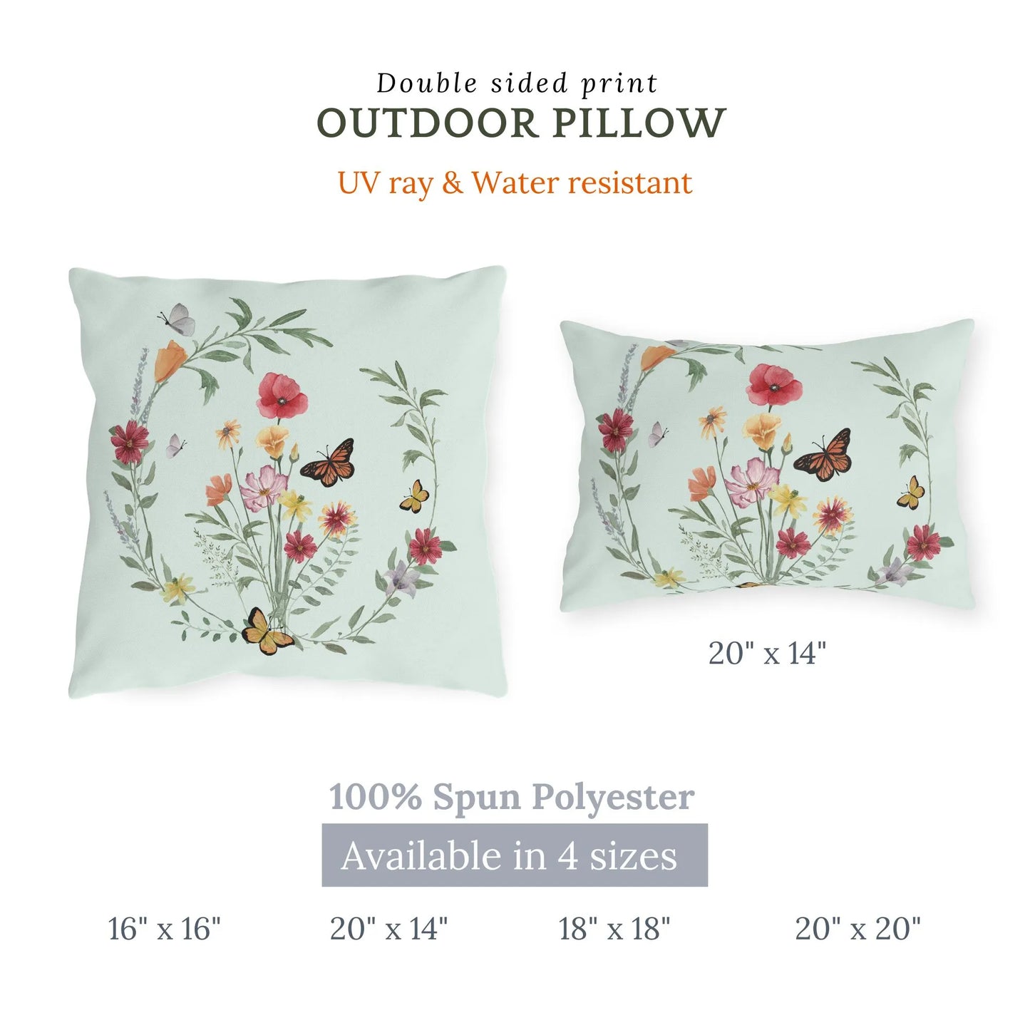 Outdoor pillows with watercolor wildflowers and butterflies in wreath design, available in four sizes with UV and water-resistant fabric.