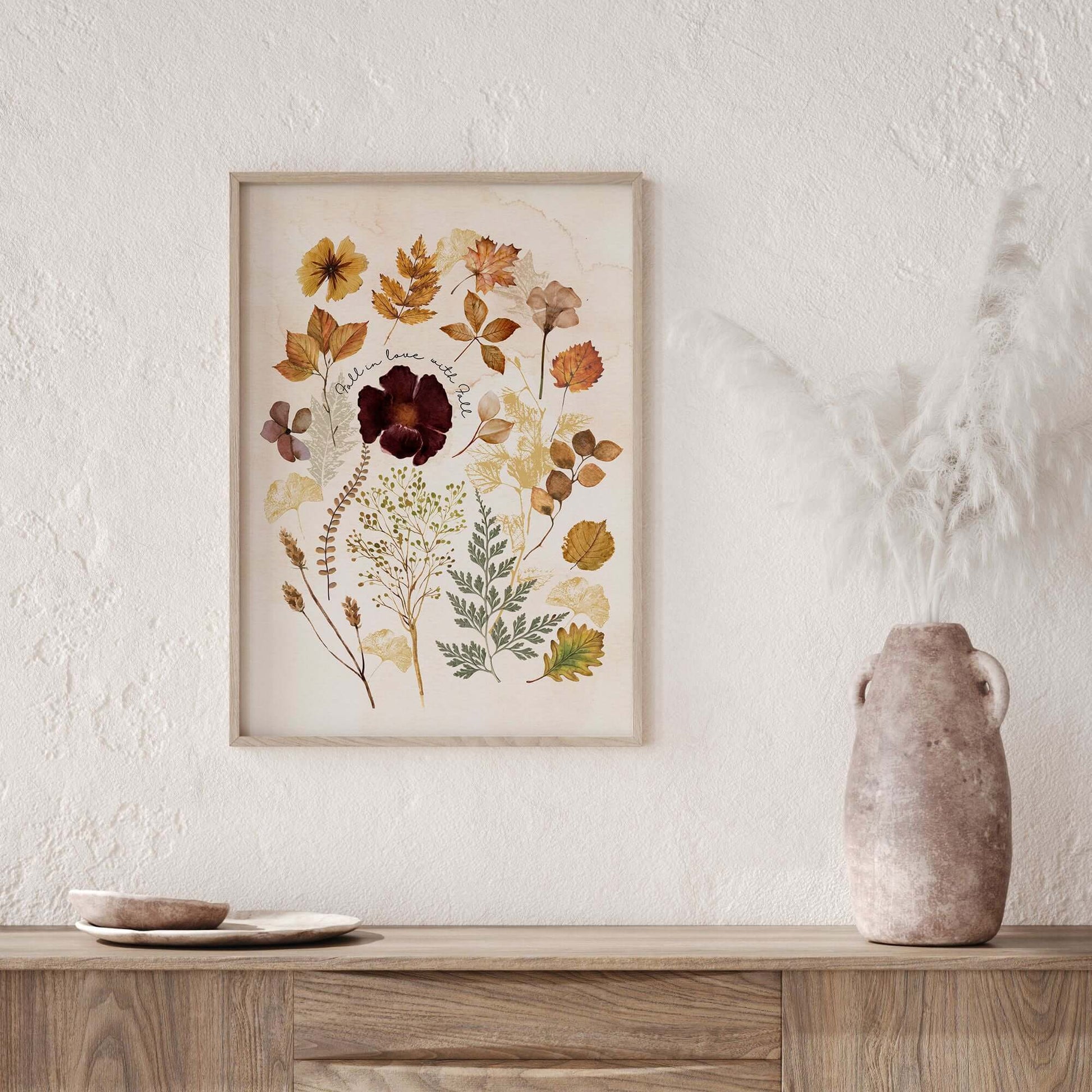 rustic living room with Fall Leaves Autumn Art Print - DIGITAL DOWNLOAD from Blue Water Songs on white wall