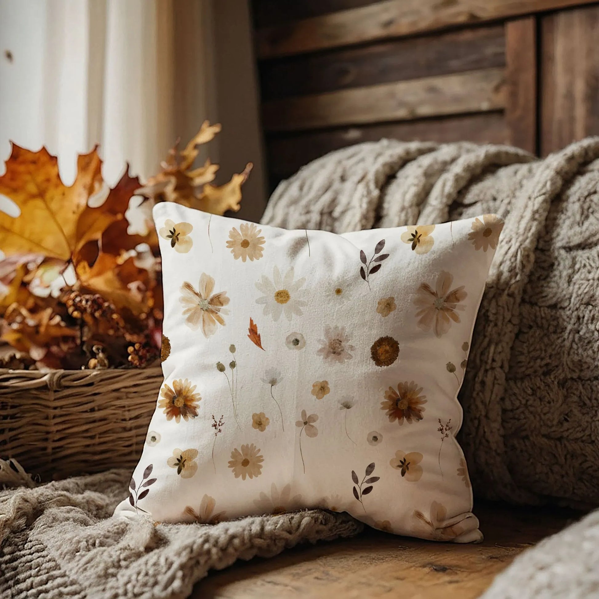 cozy corner with Watercolor Fall Wildflowers PILLOW from Blue Water Songs next to the dry leaves basket
