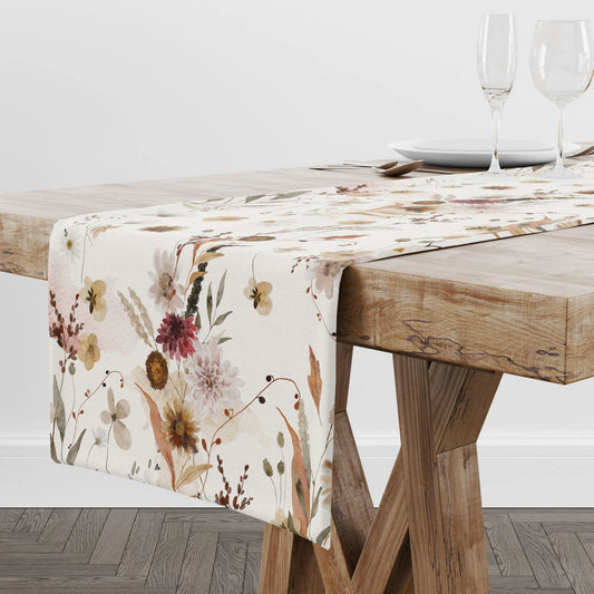 wood table with Watercolor Wildflower Fall TABLE RUNNER from Blue Water Songs on it