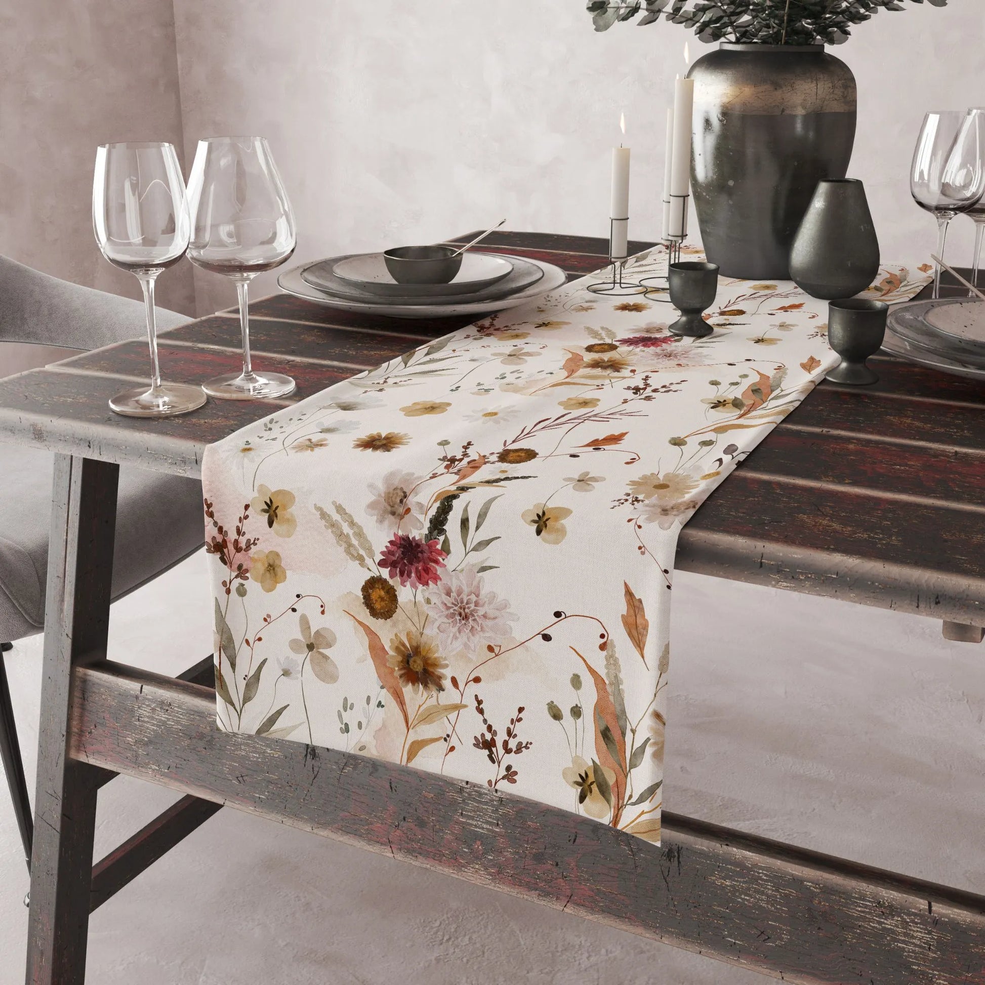 dining table decorated with Watercolor Wildflower Fall TABLE RUNNER from Blue Water Songs on it