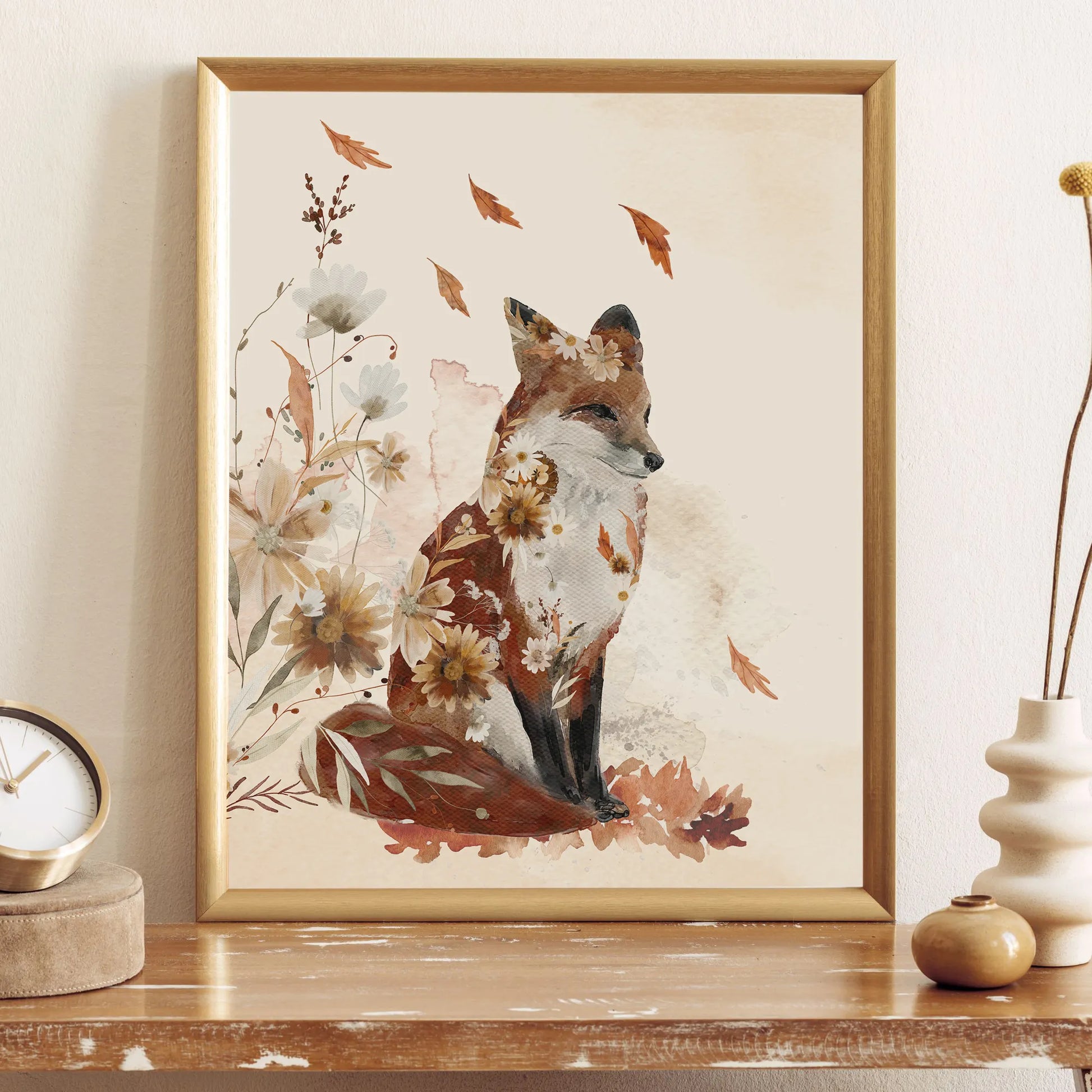 Fox Autumn Art Print from Blue Water Songs placing on wood shelf