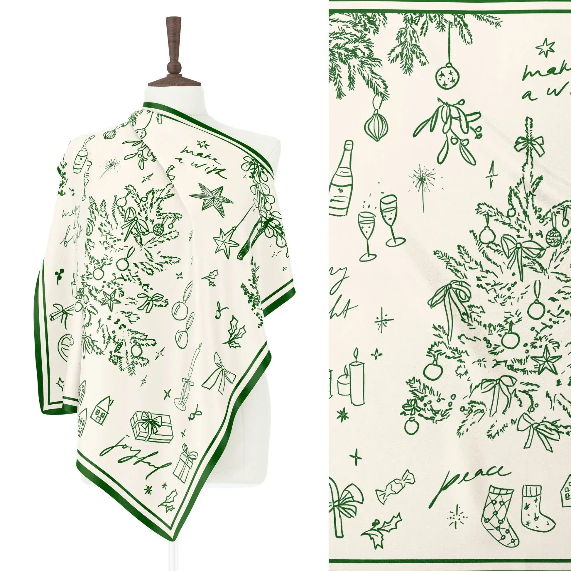 Green Christmas Silk Scarf hanging softly — a timeless Christmas gift wrapped in seasonal magic.