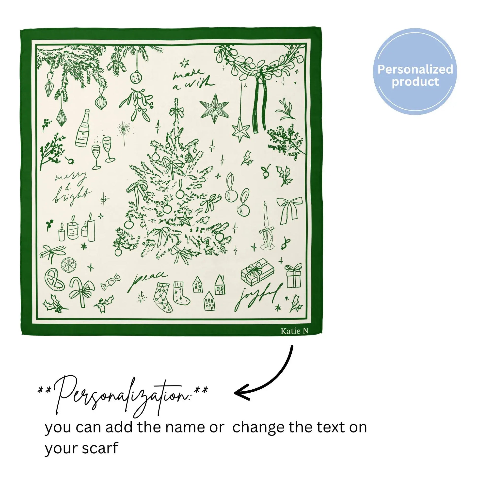 Personalized Green Christmas Silk Scarf with holiday illustrations — a meaningful keepsake gift.