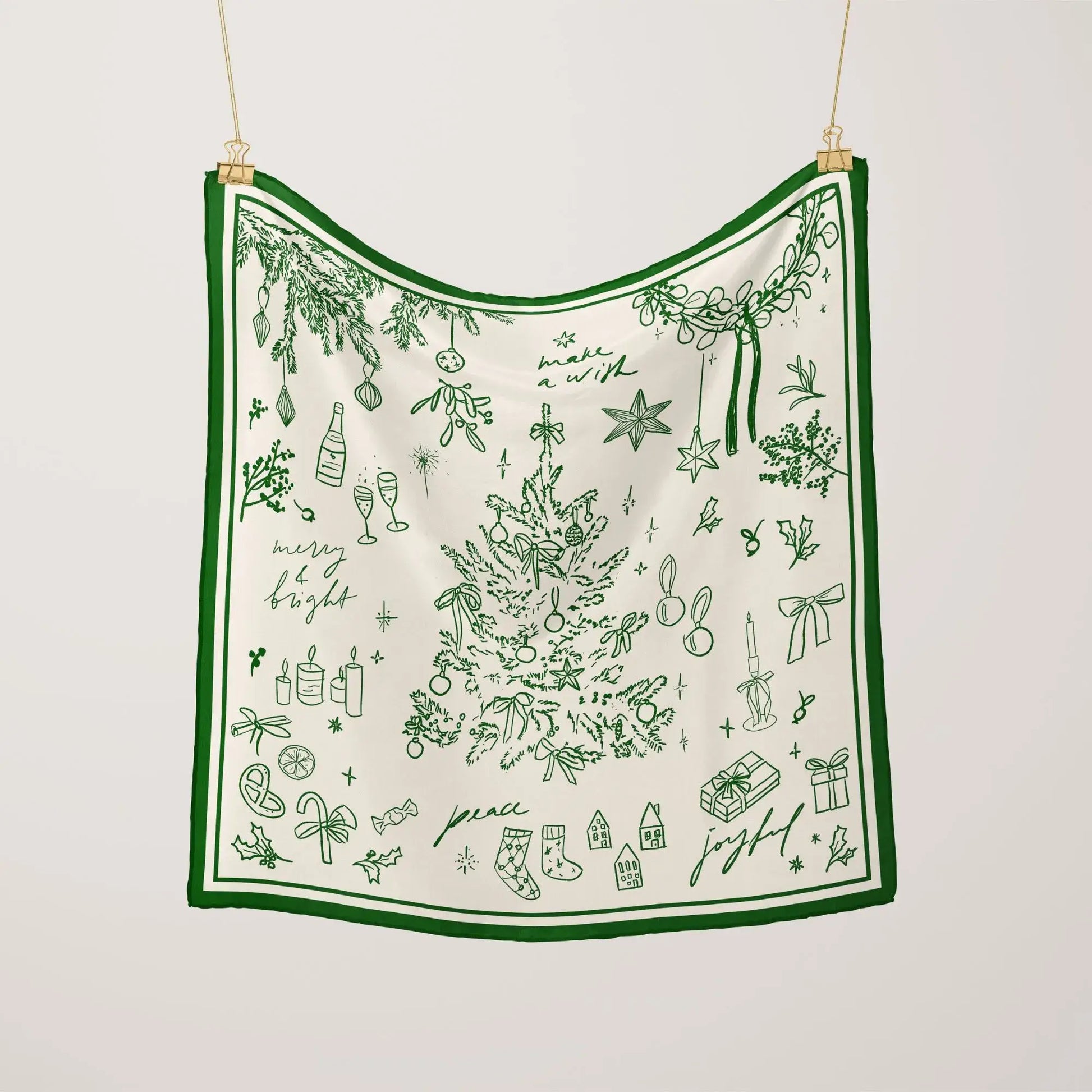 Green Christmas Silk Scarf hanging to display full square shape and elegant border