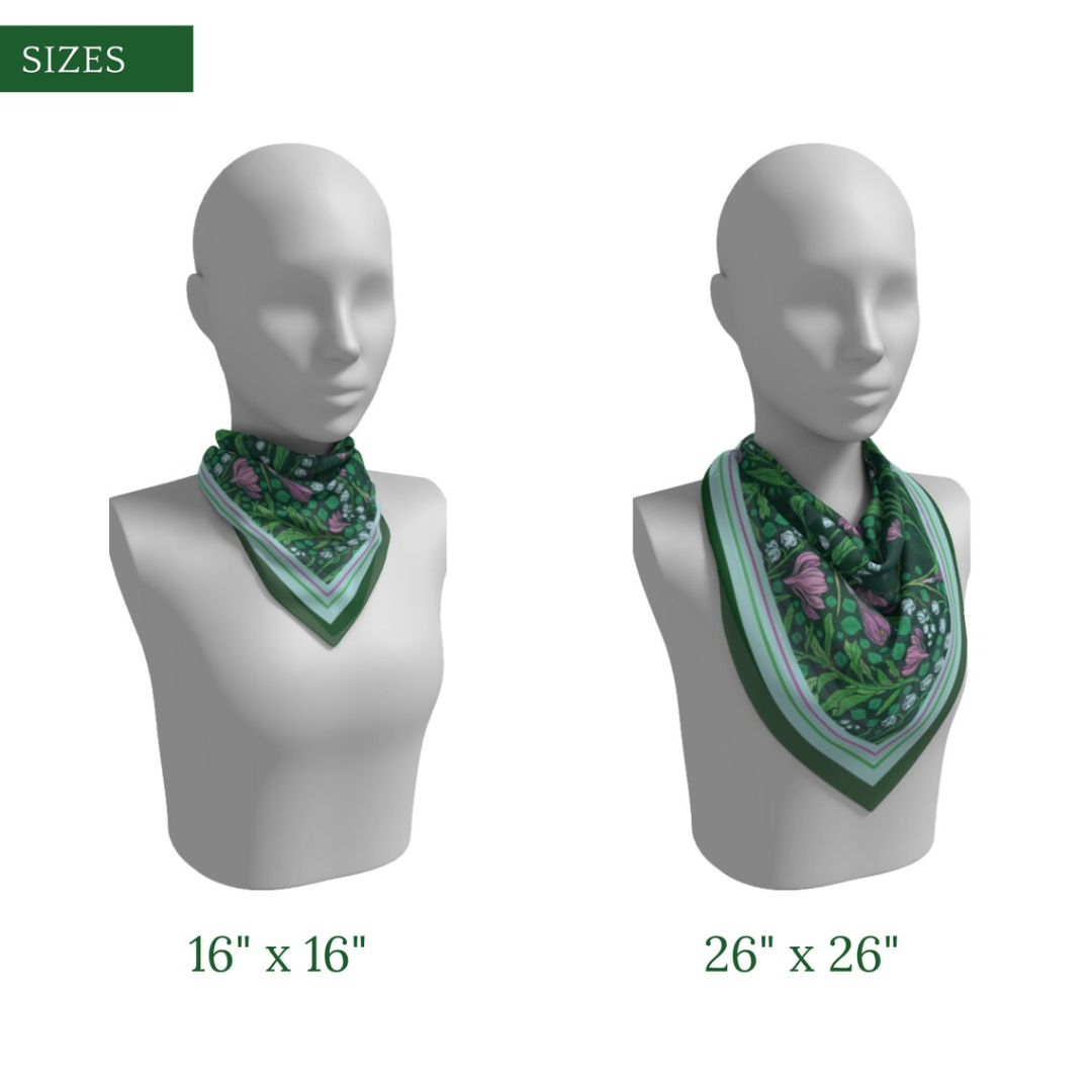 size 16"x16" and 26"x26" Green Lily of the Valley Silk SCARVES wrapping around mannenquins