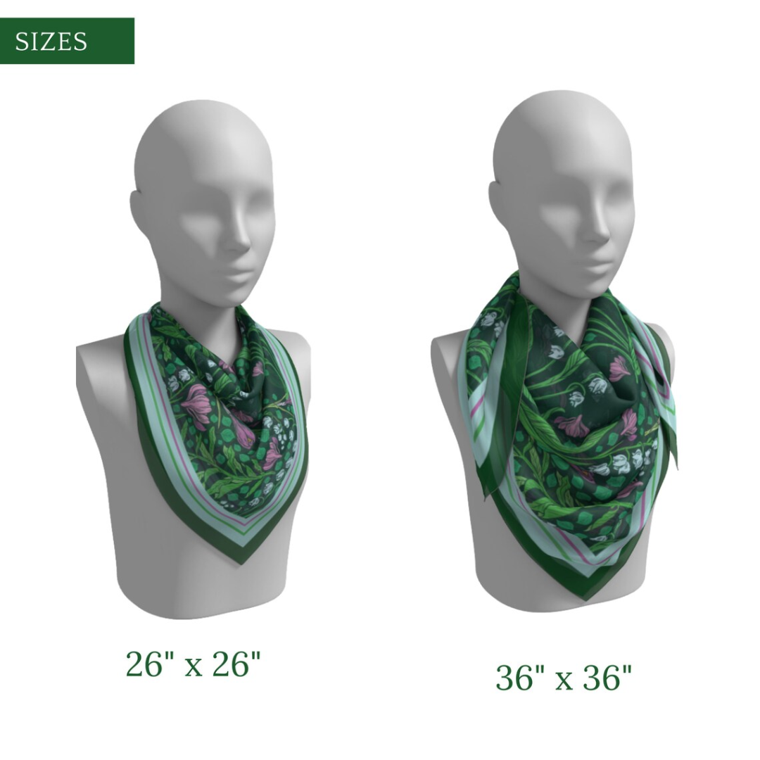 size 26"x26" and 36"x36" Green Lily of the Valley Silk SCARVES wrapping around mannenquins