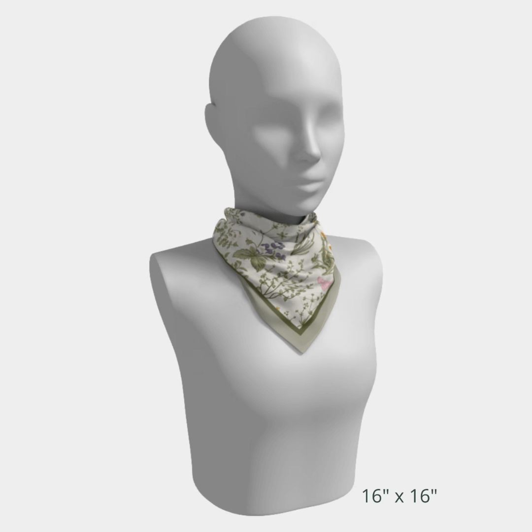16"x16" Green Wildflowers Silk scarf wrapping around mannequin