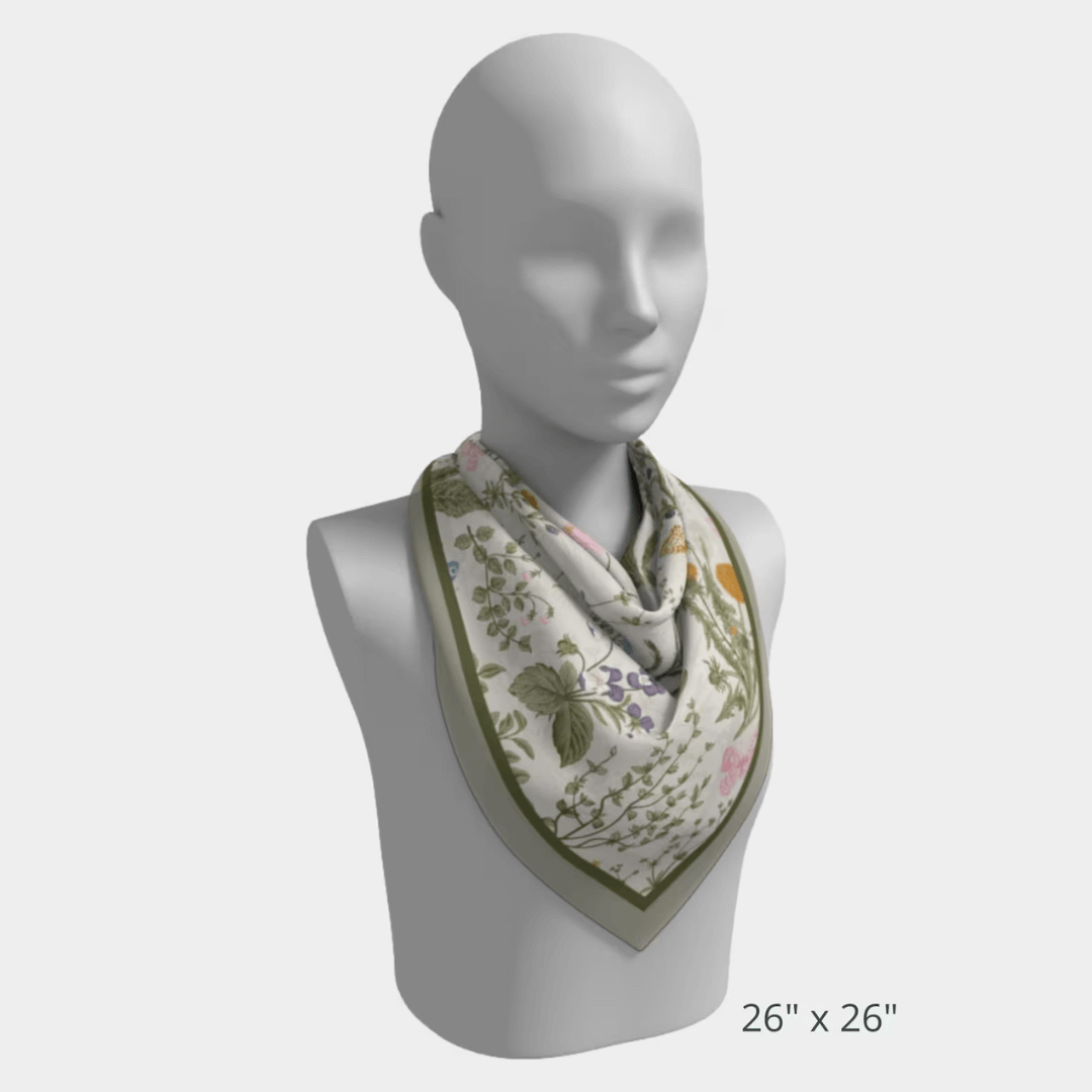26"x26" Green Wildflowers Silk scarf wrapping around mannequin