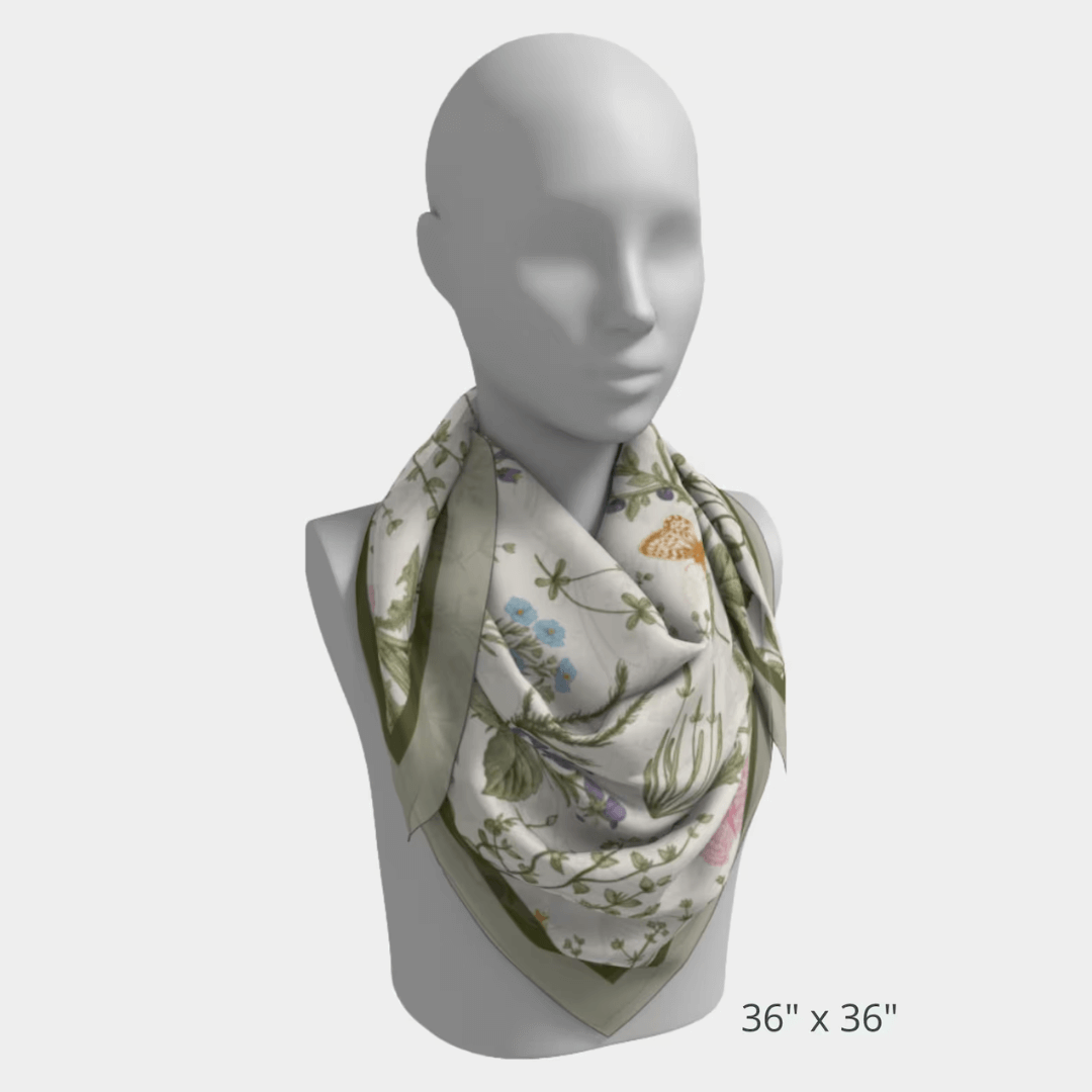 36"x36" Green Wildflowers Silk scarf wrapping around mannequin