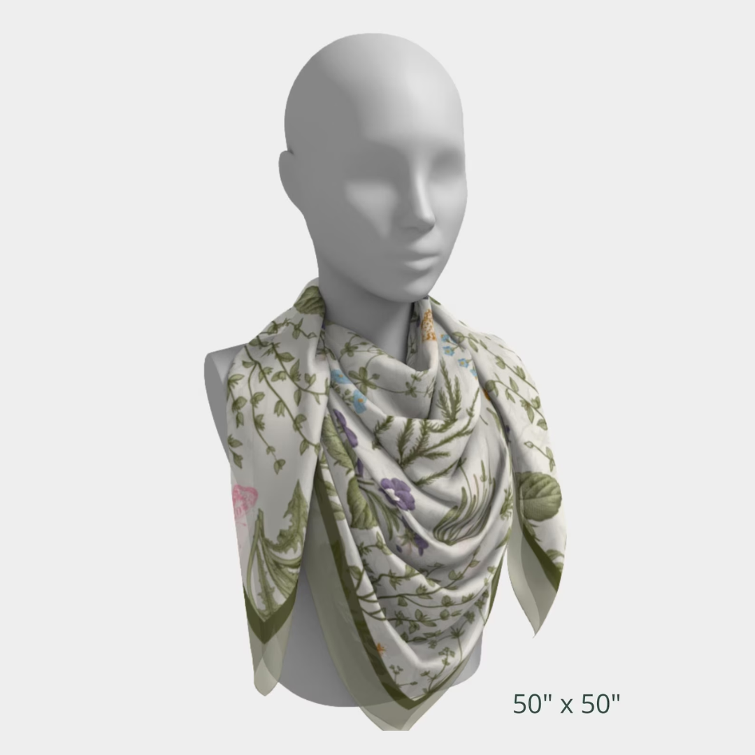 50"x50" Green Wildflowers Silk scarf wrapping around mannequin